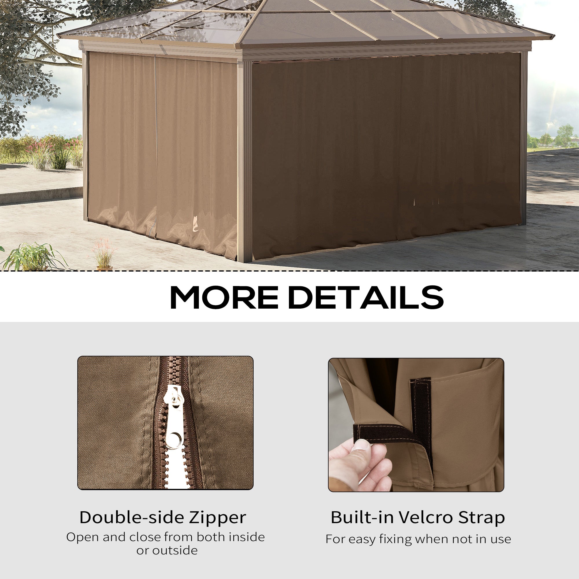 Gazebo Curtains, 10' x 12' Universal Replacement Privacy Curtain, 4-Panels Sidewall with Hooks/C-Rings, Brown