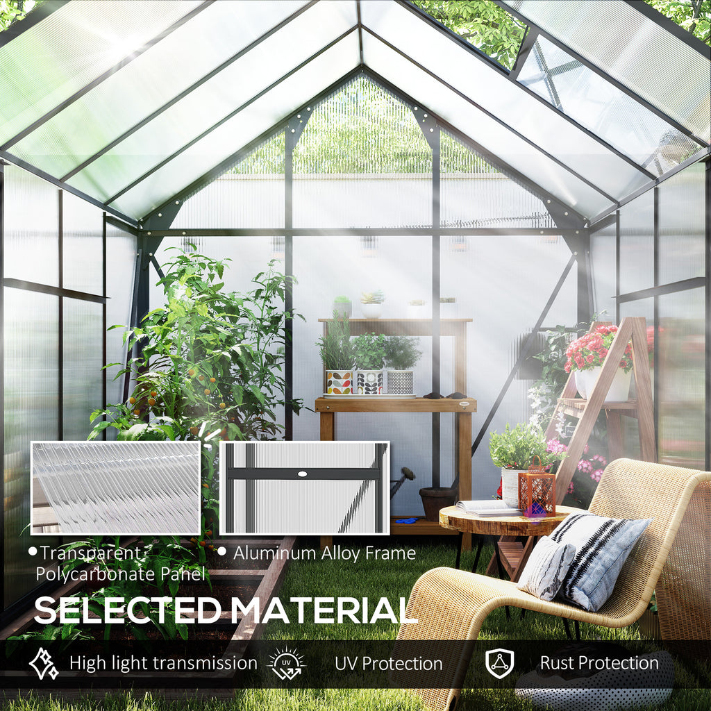 Greenhouse Garden, Green House, Outdoor Greenhouse Kit, PC Board with Sliding Door, 6.2' x 8.3' x 6.6', Grey