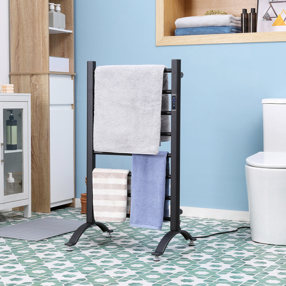 8-Bar Heated Towel Warmer Rack with Built-in Timer and LED Indicators, Wall Mounted & Free Standing Carbon Steel Electric Towel Bar with Adjustable Temperature, White