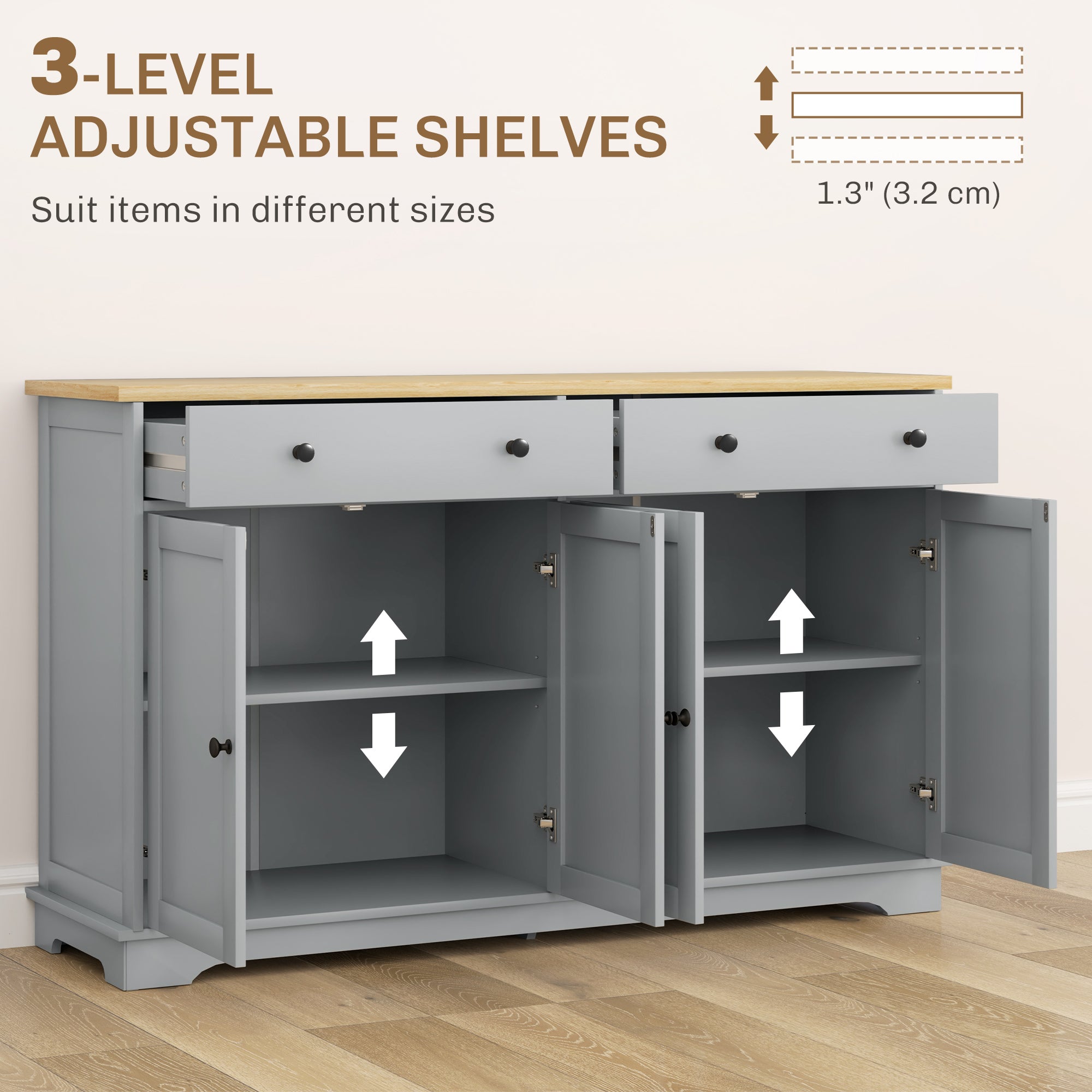 Modern Sideboard, Buffet Cabinet with Storage Drawers, Adjustable Shelves for Living Room, Dining Room, Entryway, White