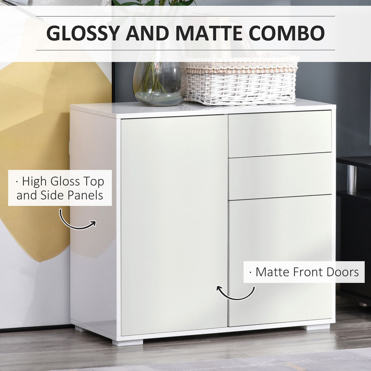 High Gloss Buffet Sideboard with 2 Drawers, 2 Doors and Adjustable Shelf, Kitchen Storage Cabinet with Push Open Design, White