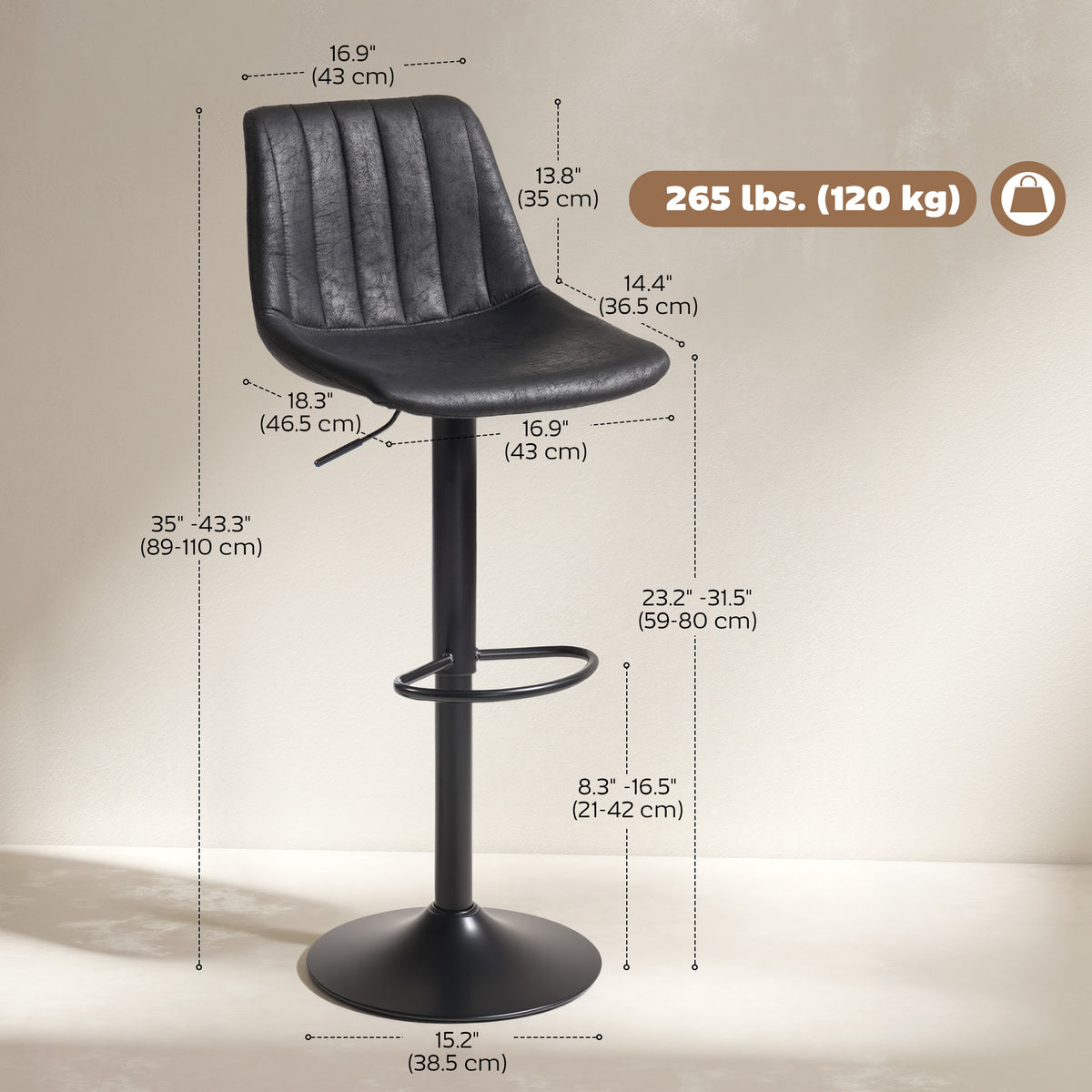 Counter Height Bar Stools Set of 2, Adjustable Height Bar Chairs with Swivel Seat, Leathaire Upholstery
