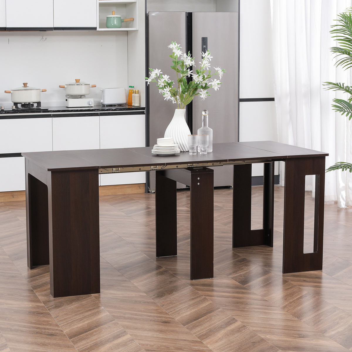Extendable Dining Table, Expandable Kitchen Table for Small Spaces, Seats up to 6 People, Dark Brown