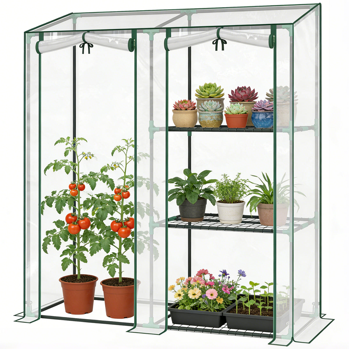 3 Tier Mini Greenhouse, Portable Greenhouse with 2 Roll-up Doors, 56.3" x 18.1" x 64.6", Clear