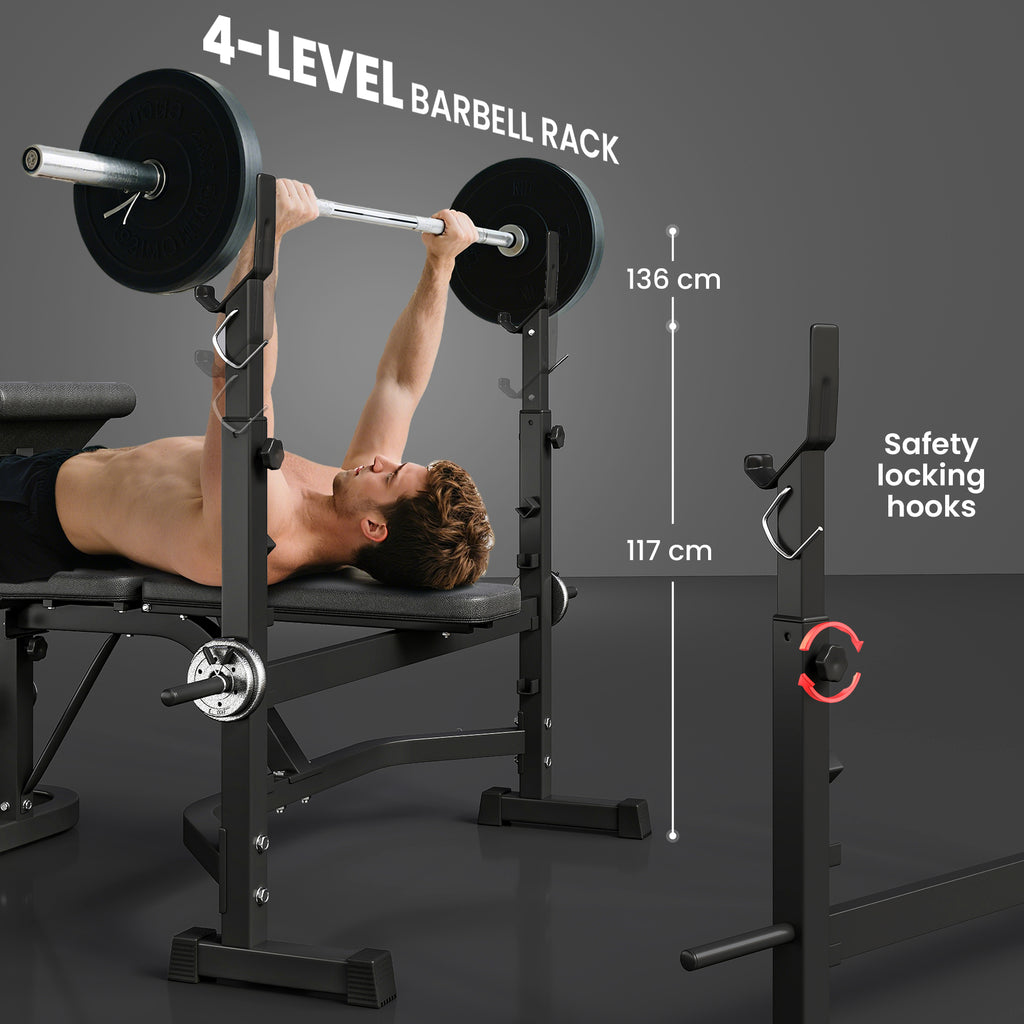 Soozier Weight Bench Stand with Squat Rack, Adjustable Olympic Bench, Multifunctional Arm Curl Pad, Leg Extension, Grey