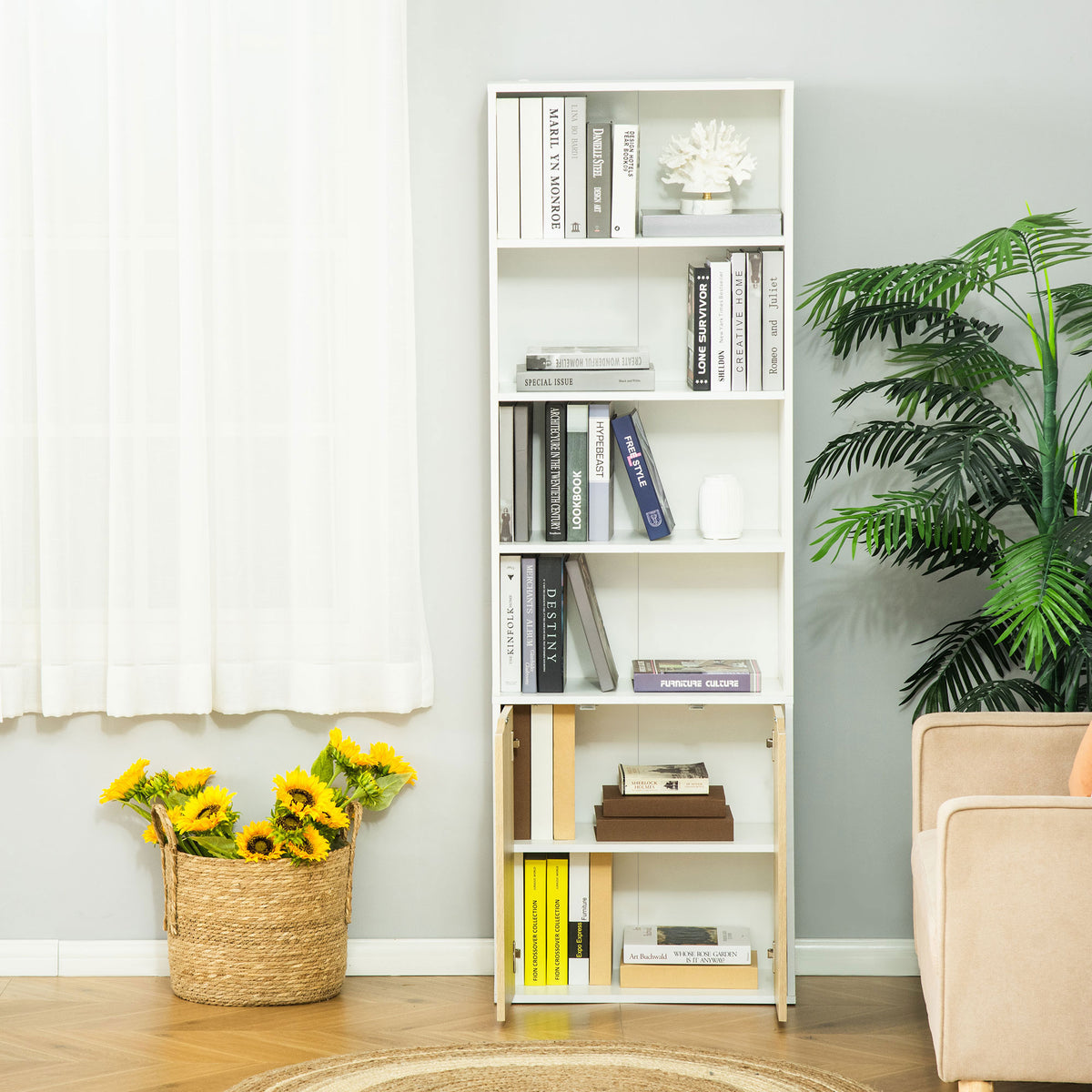 4-Tier Open Bookshelf with Doors Modern Home Office Bookcase Storage Cabinet for Living Room Bathroom Study, Oak