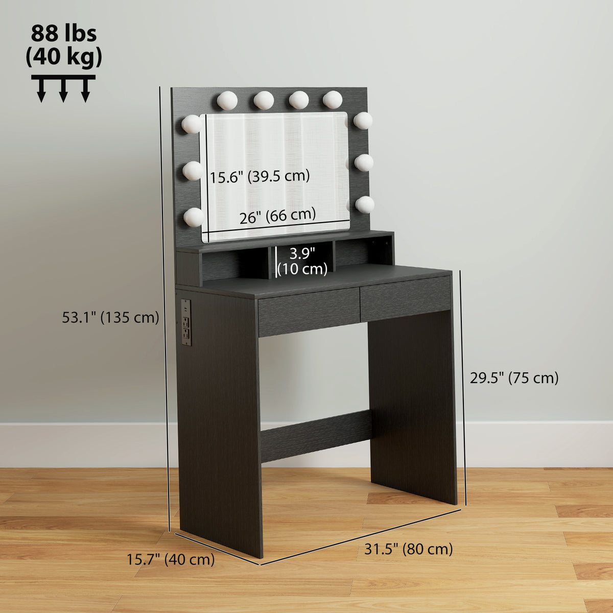 Vanity Table, Makeup Dressing Table with LED Lighting Mirror, Charging Station and Drawers for Bedroom, Black
