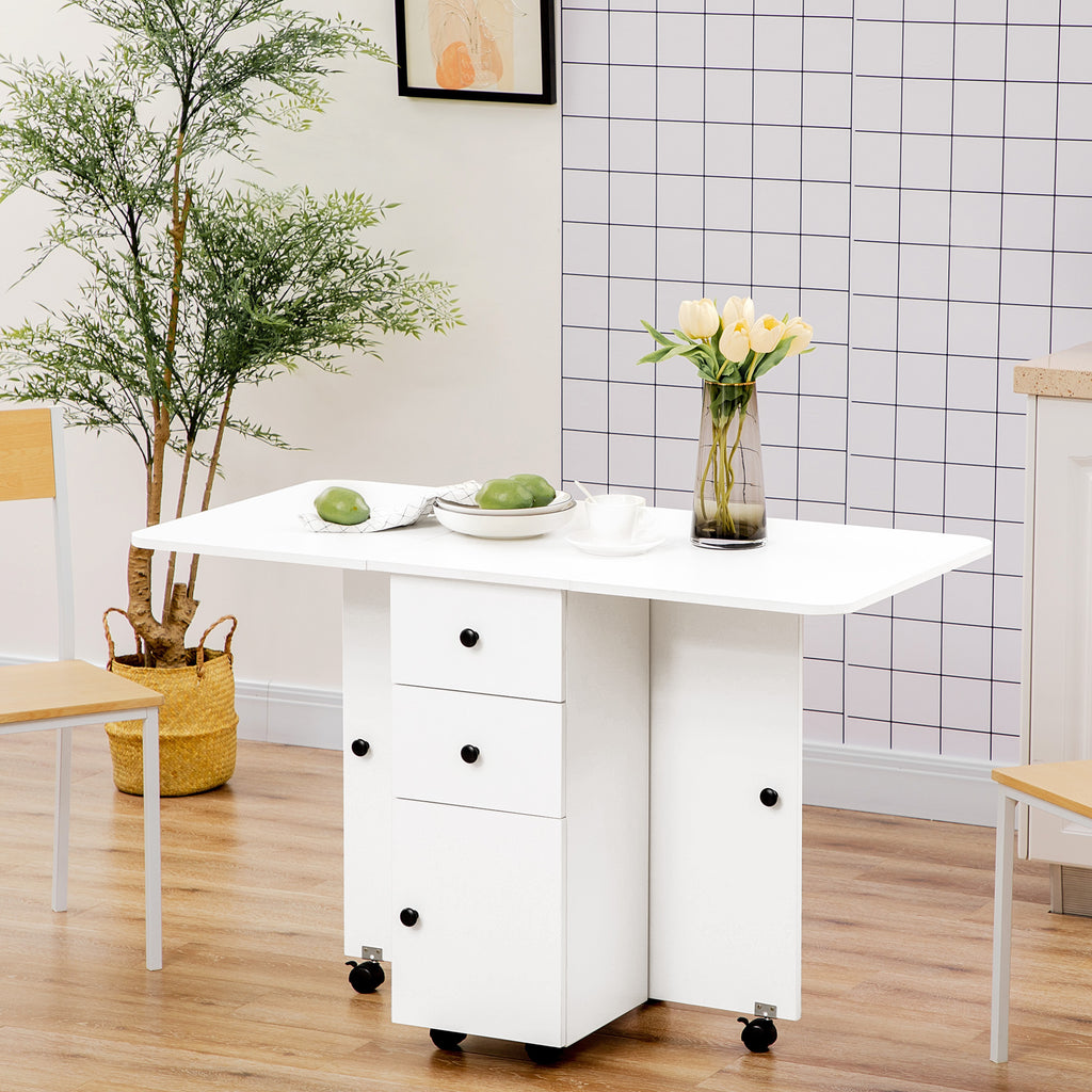 Foldable Dining Table, Rolling Kitchen Table with Storage Drawers and Cabinet, Drop Leaf Table on Wheels, Grey