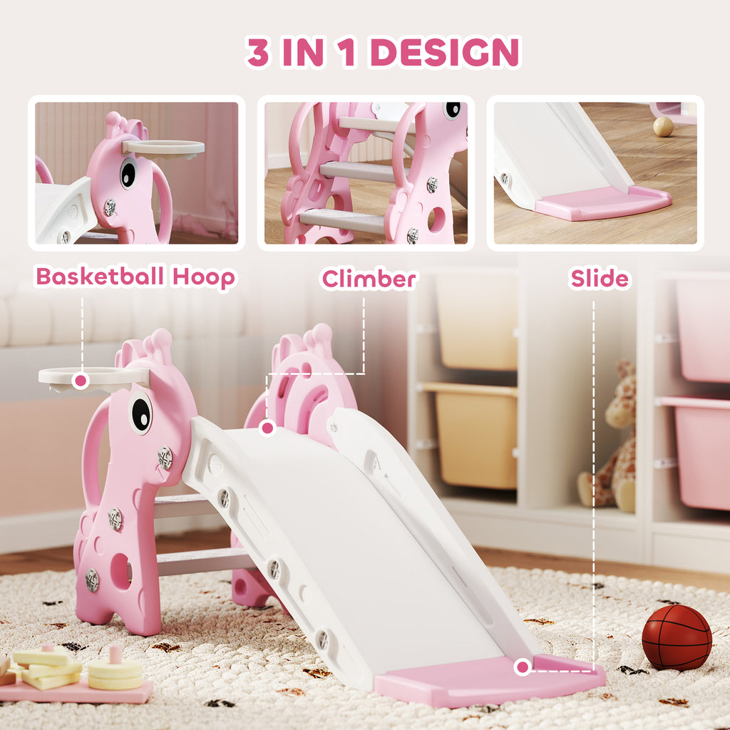 Qaba 3 in 1 Toddler Slide for Age 1-3, Kids Slide with Climber, Basketball Hoop and Ball, Giraffe Design, Pink