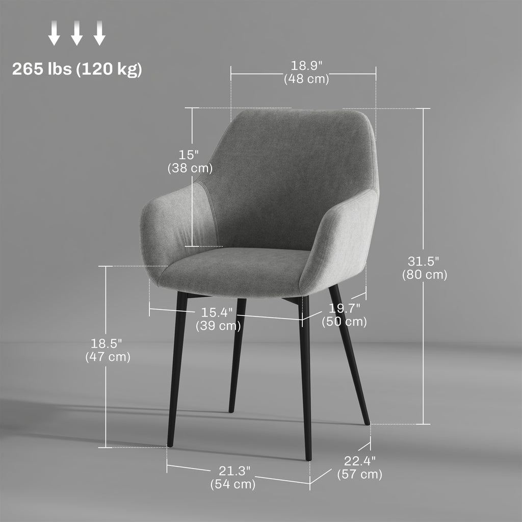 Dining Chairs Set of 2, Velvet-look Fabric Upholstered Kitchen Chairs with Backrest, Armrests and Steel Legs, Dark Grey