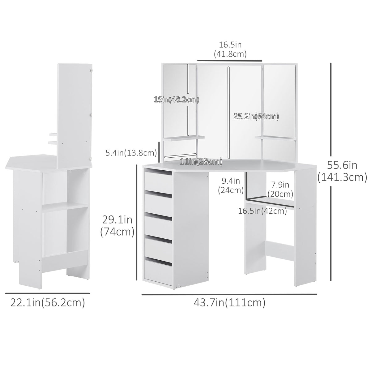 Corner Dressing Table, Makeup Desk with 3-piece Mirror and 5 Drawers, White