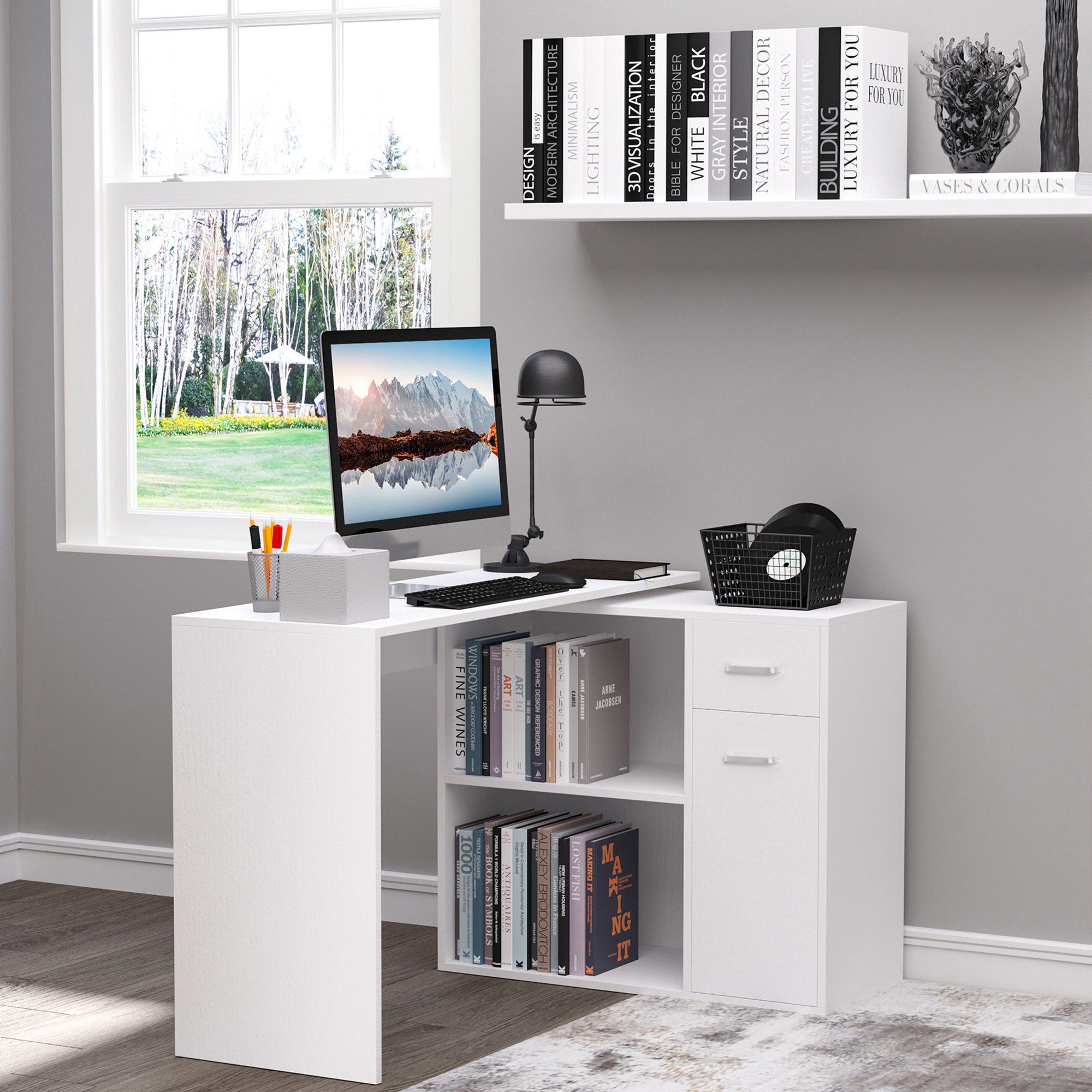 180° Rotating Home Office Corner Desk Storage Shelf Cabinet Black