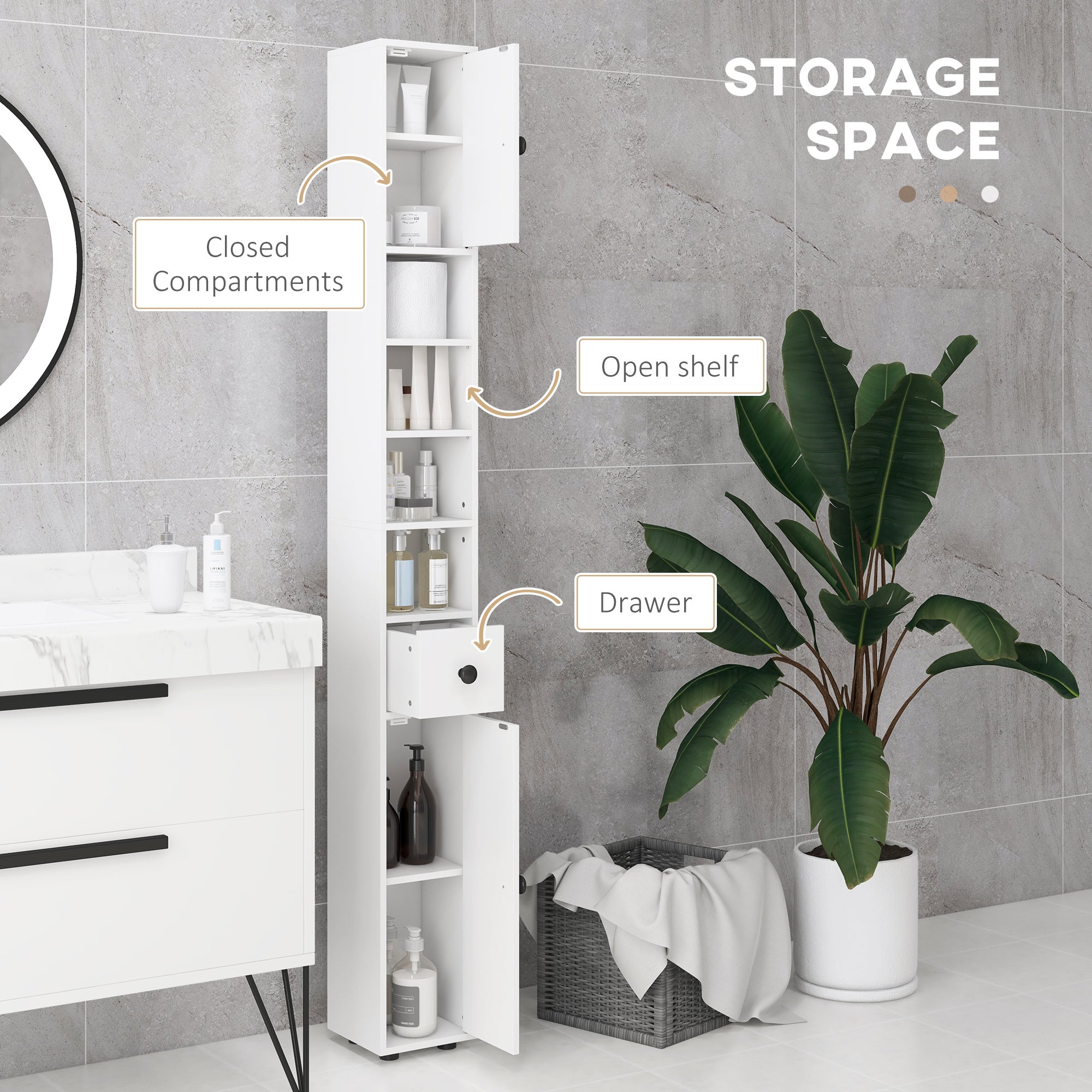 71" Tall Bathroom Storage Cabinet, Narrow Bathroom Cabinet with Open Shelves, 2 Door Cabinets, Adjustable Shelves, for Kitchen, Hallway, Living Room, White