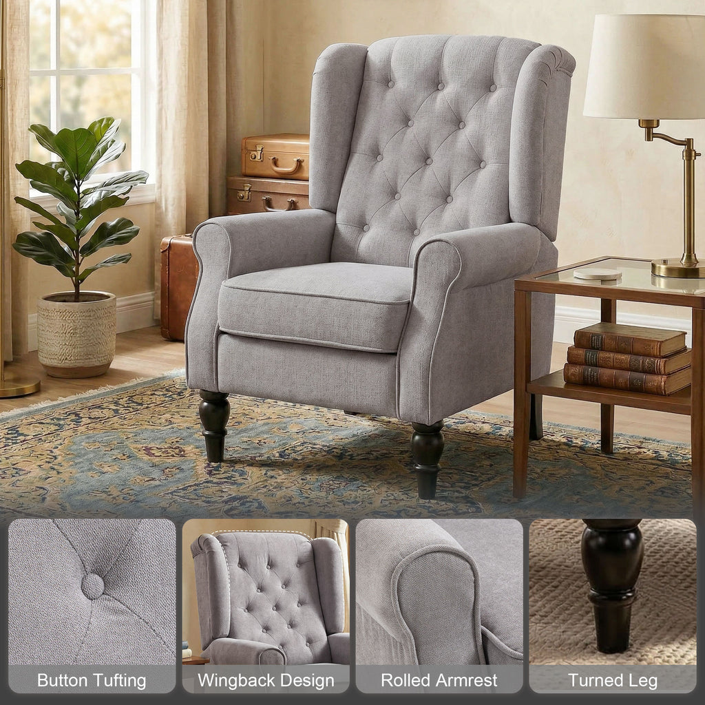 Fabric Accent Chair, Button Tufted Armchair, Upholstered Modern Living Room Chair, Wingback Chair with Wood Legs, Rolled Arms, Thick Padding for Bedroom, White