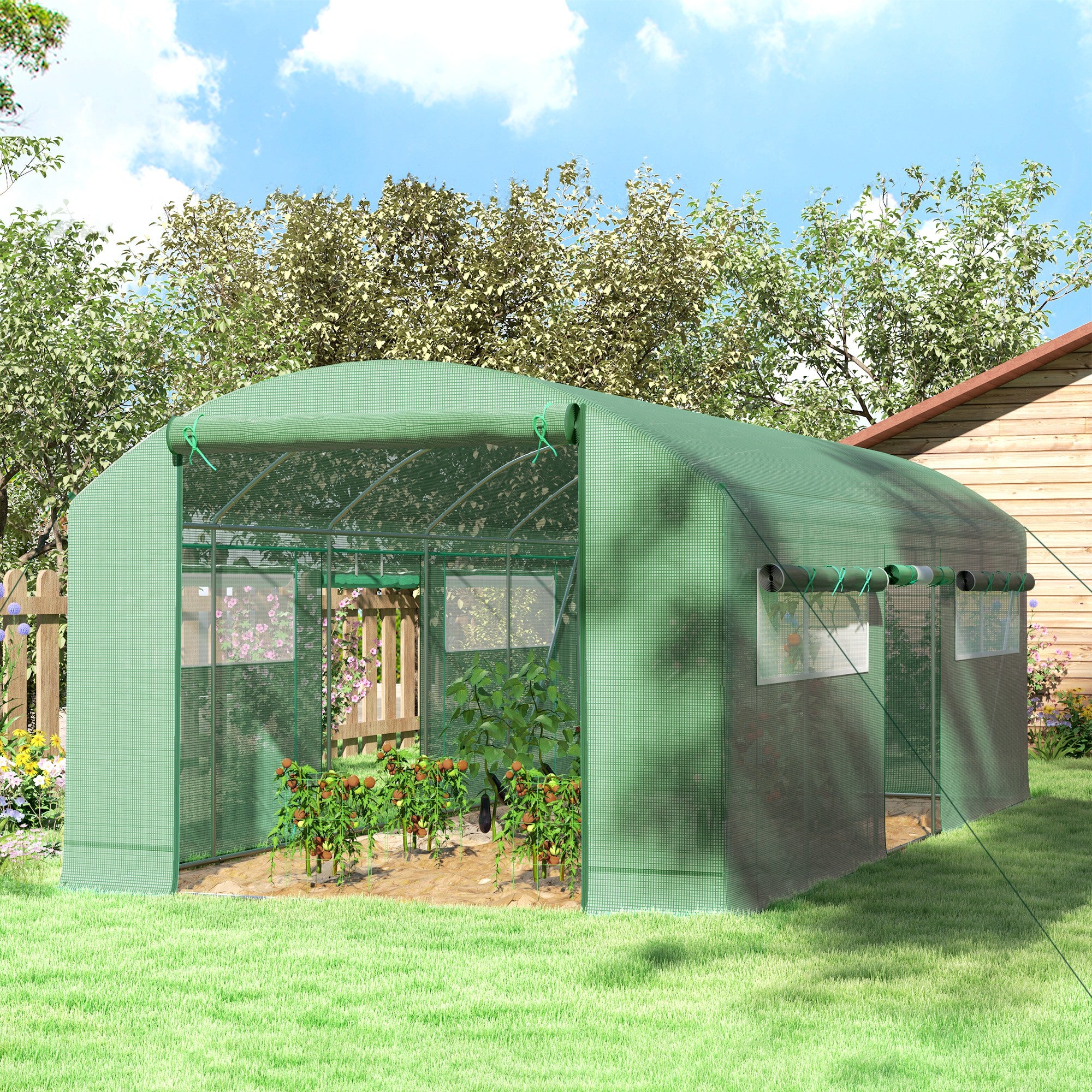 19.5' x 10' x 7.5' ትመልከት ግሪንሃውስ ምስ 3 ሮል-ኣፕ ዶርታትን ዓበይቲ መሬት መስኮታትን፣ ጋልቫናይዝድ ስቲል ፍሬም፣ ንንፋስ ዝቃወም፣ ሓምላዊ ቀለም