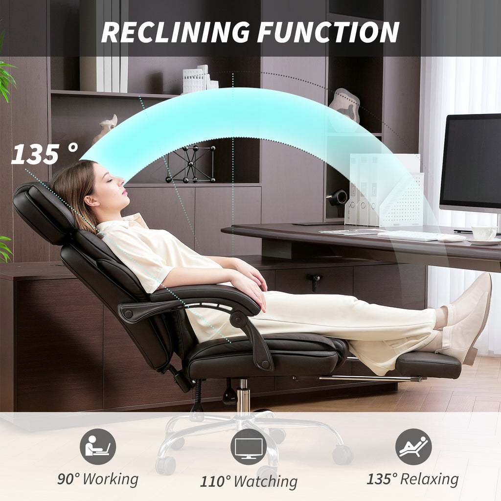 PU Leather Office Chair, Reclining Desk Chair with Footrest, Adjustable Headrest, Lumbar Support, Swivel Wheels, Black