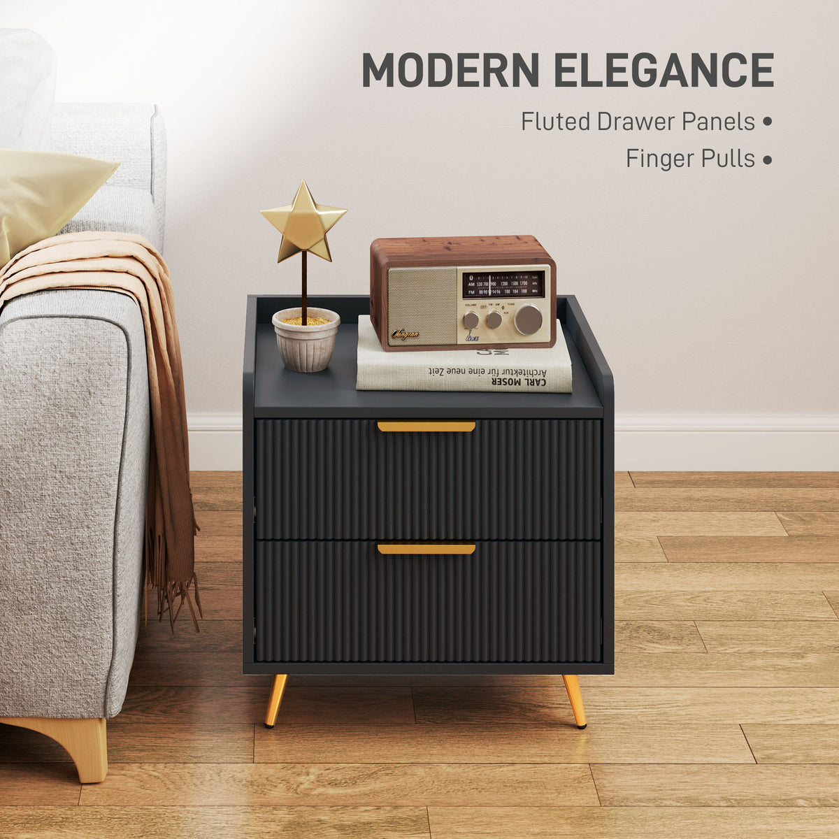Bedside Table, Nightstand with 2 Drawers, Side End Table with Metal Legs for Bedroom, Black