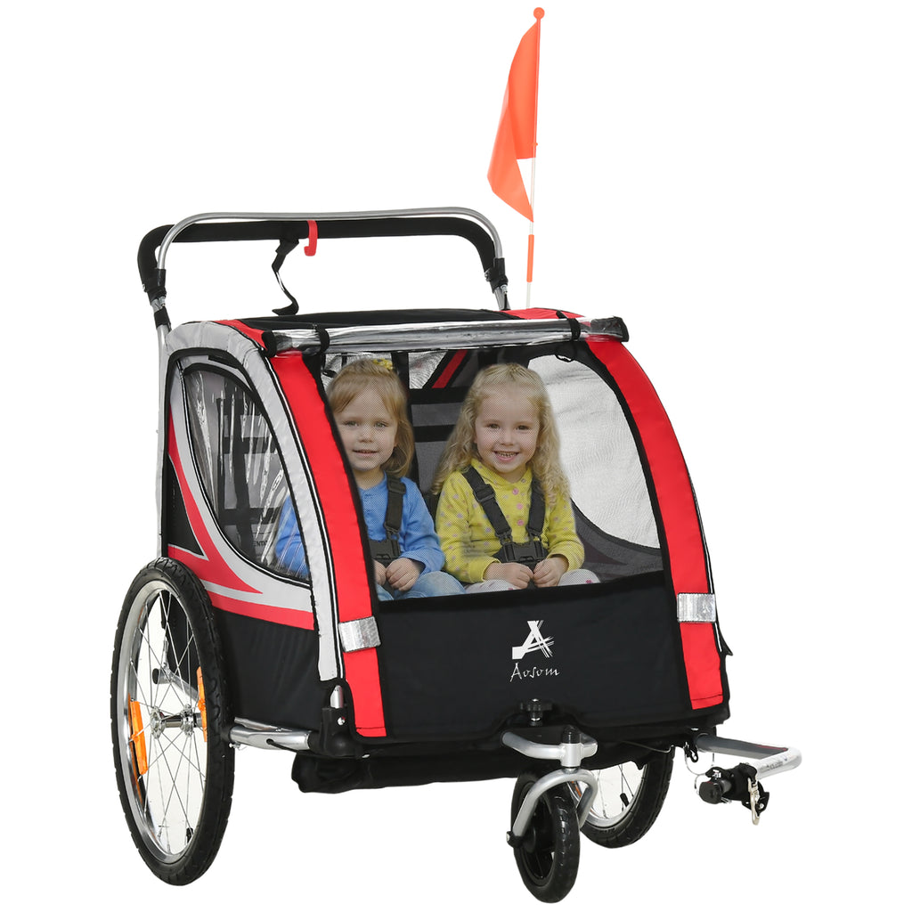 Aosom 2 Seat Bike Trailer for Kids 2-in-1 Double Baby Stroller with Handbrake, Rubber Wheels, 5 Point Harness, Waterproof Cover, Storage Bag, Reflectors, Green