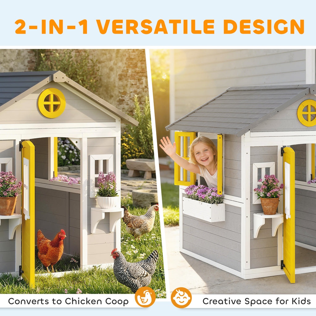 Wooden Playhouse for Kids Outdoor with Door, Windows, Planter Pots and Boxes for Toddlers 3-8 Years, Grey