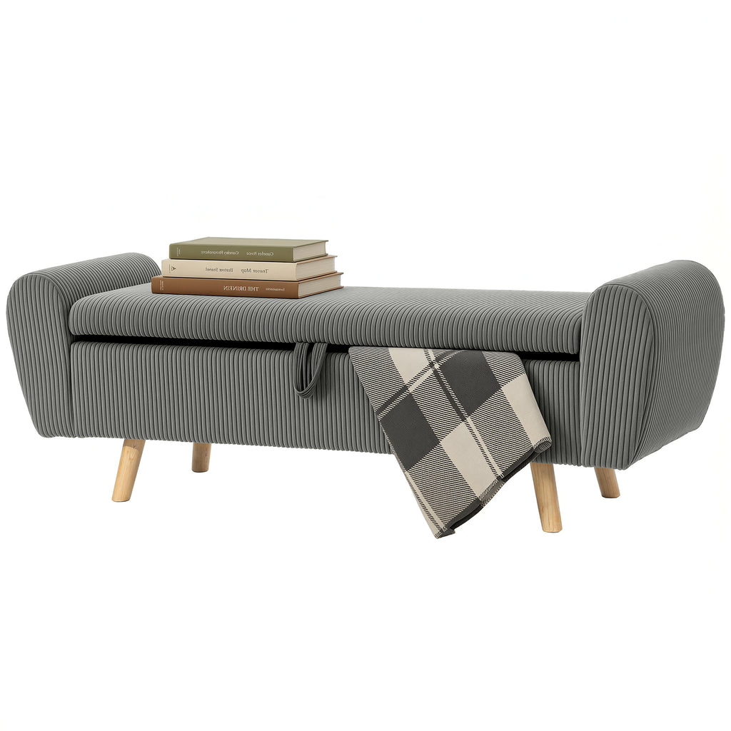 Storage Ottoman, 59" Corduroy End of Bed Storage Bench for King Size Bed with Wooden Legs and Rolled Arms, Dark Grey