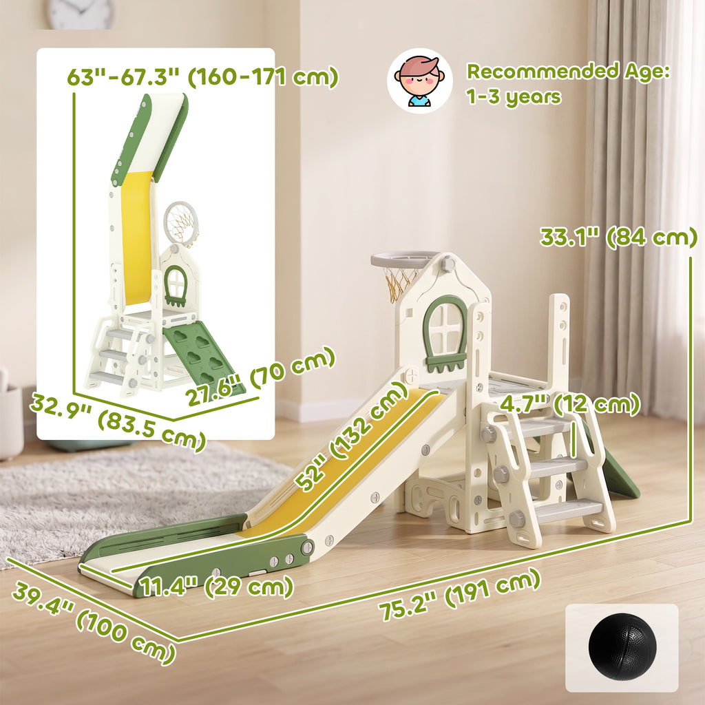 Qaba Foldable 4 in 1 Toddler Slide with Climber, Basketball Hoop, Storage Space and Basketball for Ages 1-3 Years, Cream