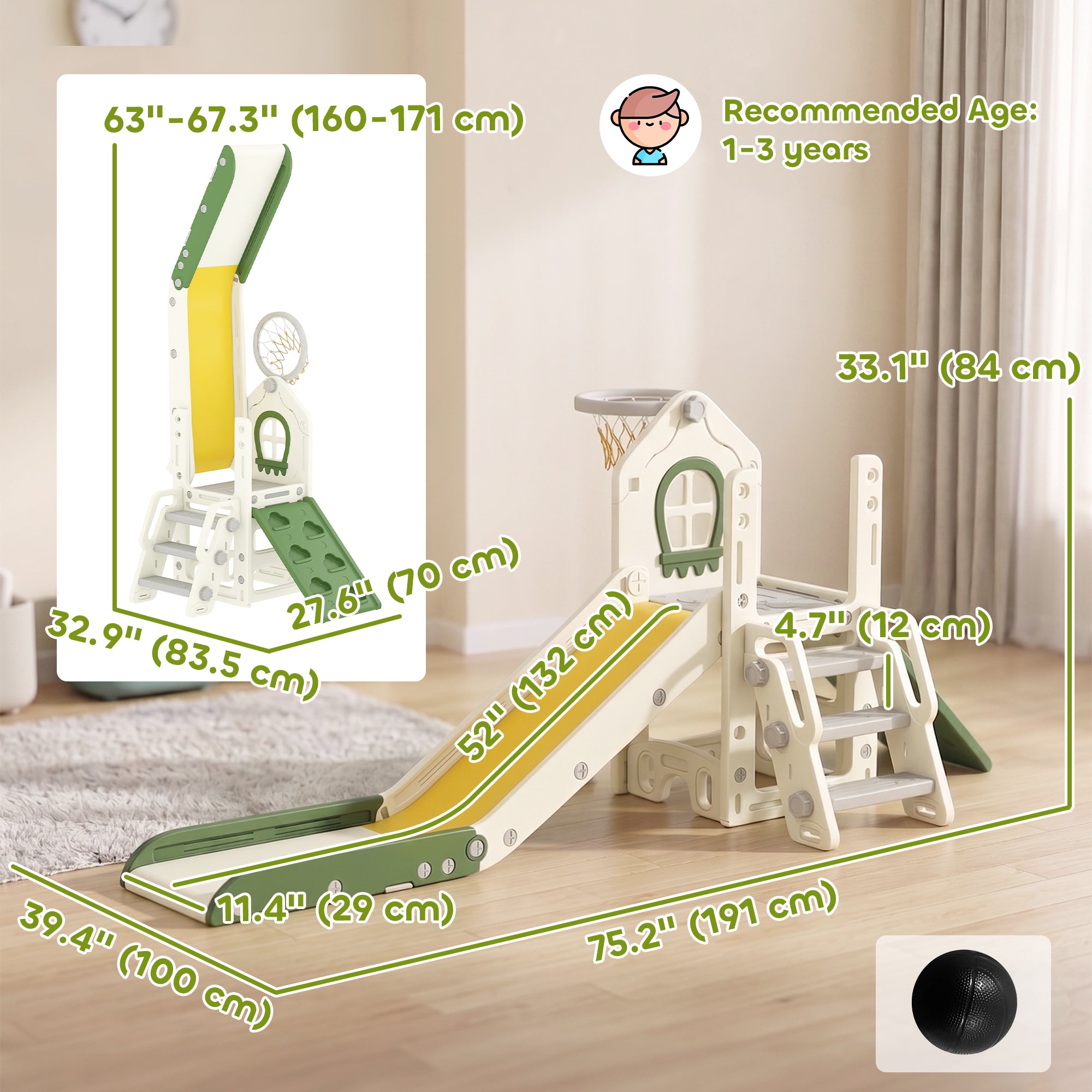 Qaba Foldable 4 in 1 Toddler Slide with Climber, Basketball Hoop, Storage Space and Basketball for Ages 1-3 Years, Cream