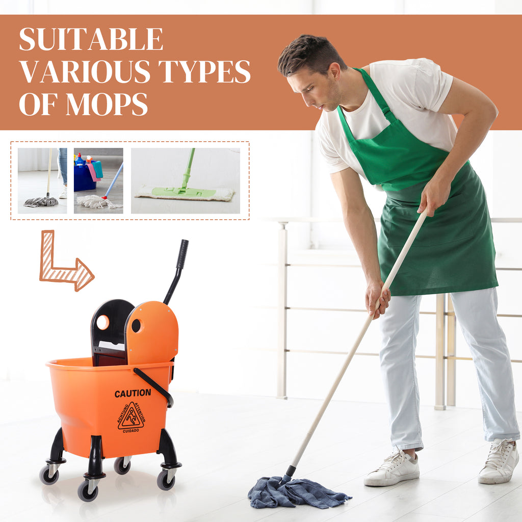 6.9 Gal/26L Mop Bucket, Mop Bucket with Wringer, Wheels and Handle, Orange