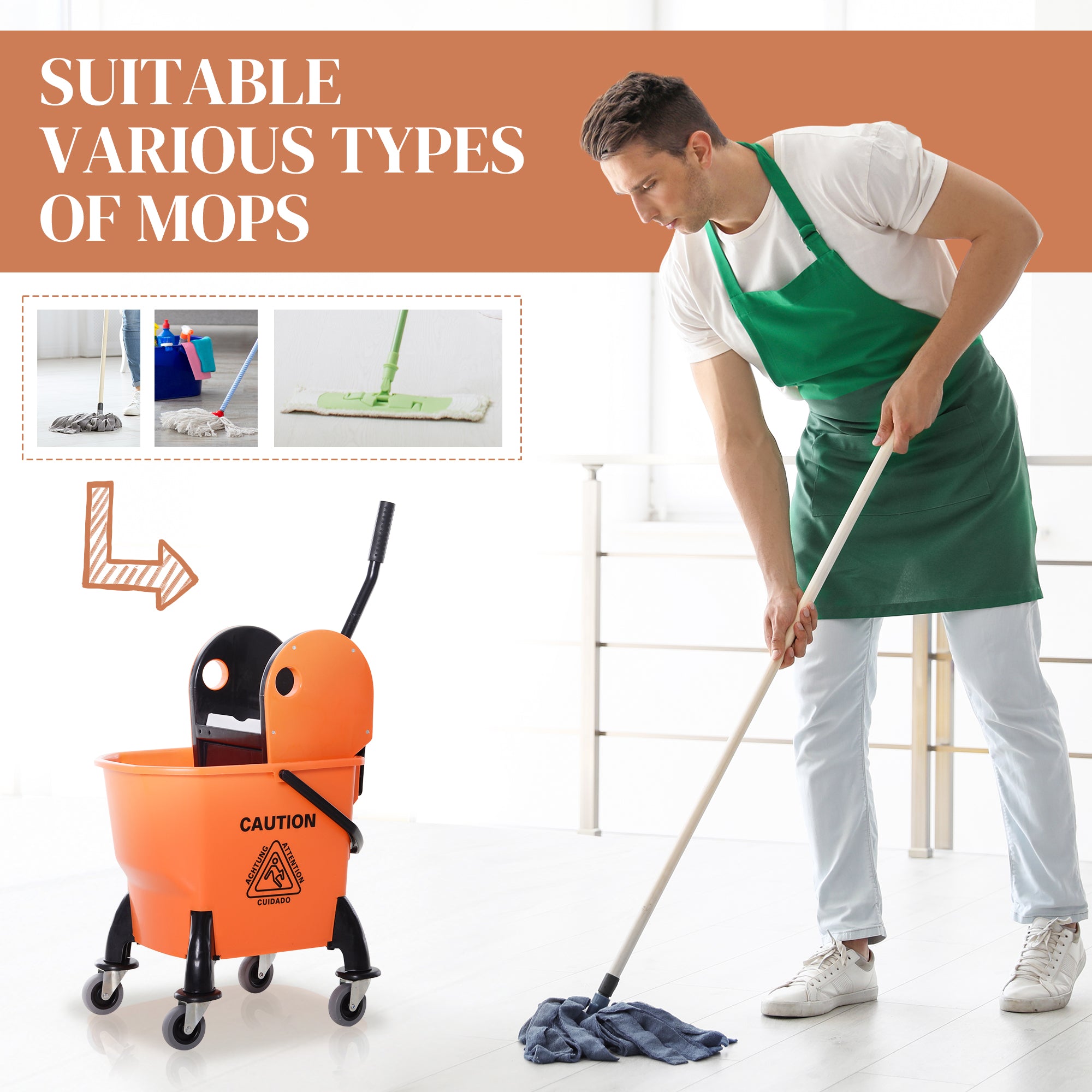 6.9 Gal/26L Mop Bucket, Mop Bucket with Wringer, Wheels and Handle, Orange