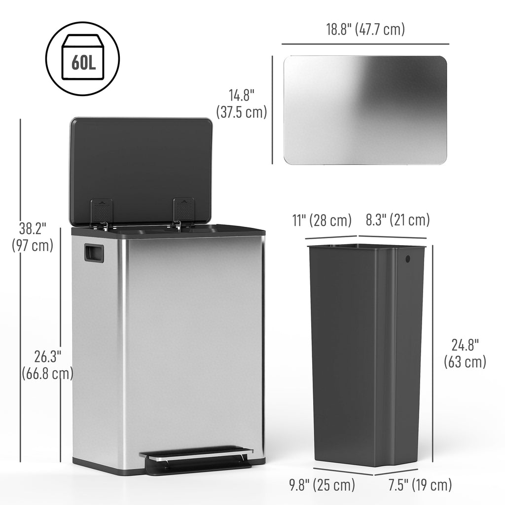 2 x 30L / 7.9 Gallon Dual Trash Can with Removable Inner Buckets and Handles for Kitchen, Office, Bathroom, Silver