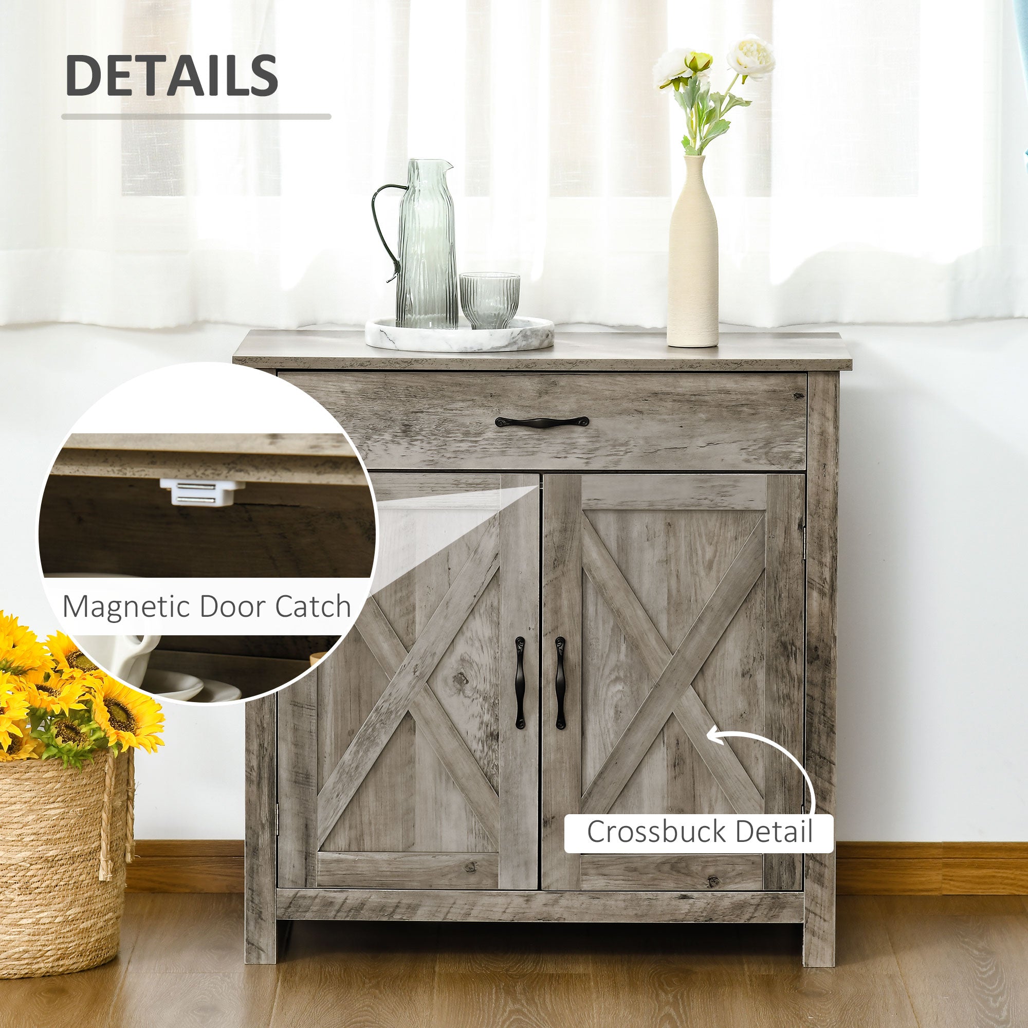 Farmhouse Sideboard Buffet Cabinet, Storage Cabinet with Barn Doors, Ash Grey