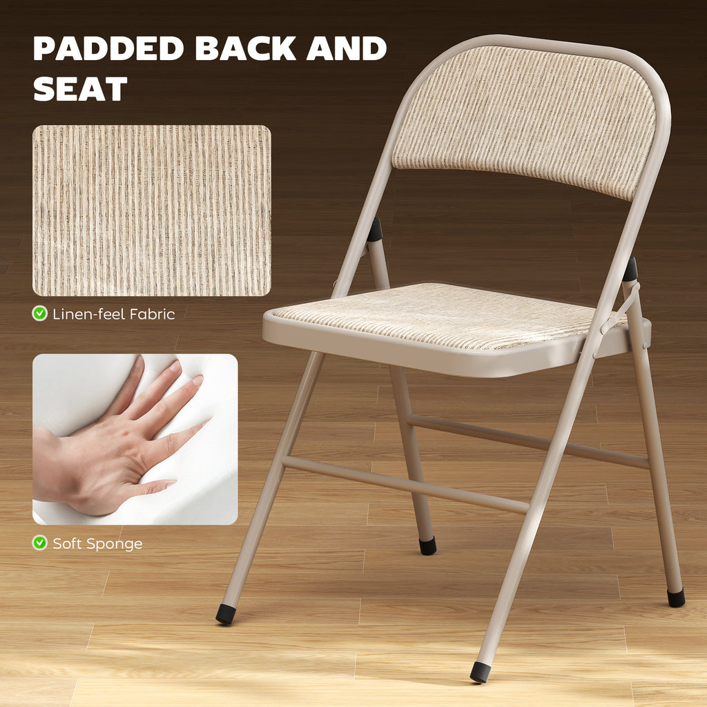 Set of 6 Metal Foldable Chairs, Faux Linen Padded Folding Chairs with Cushion Seat and Open Back for Indoor, Beige