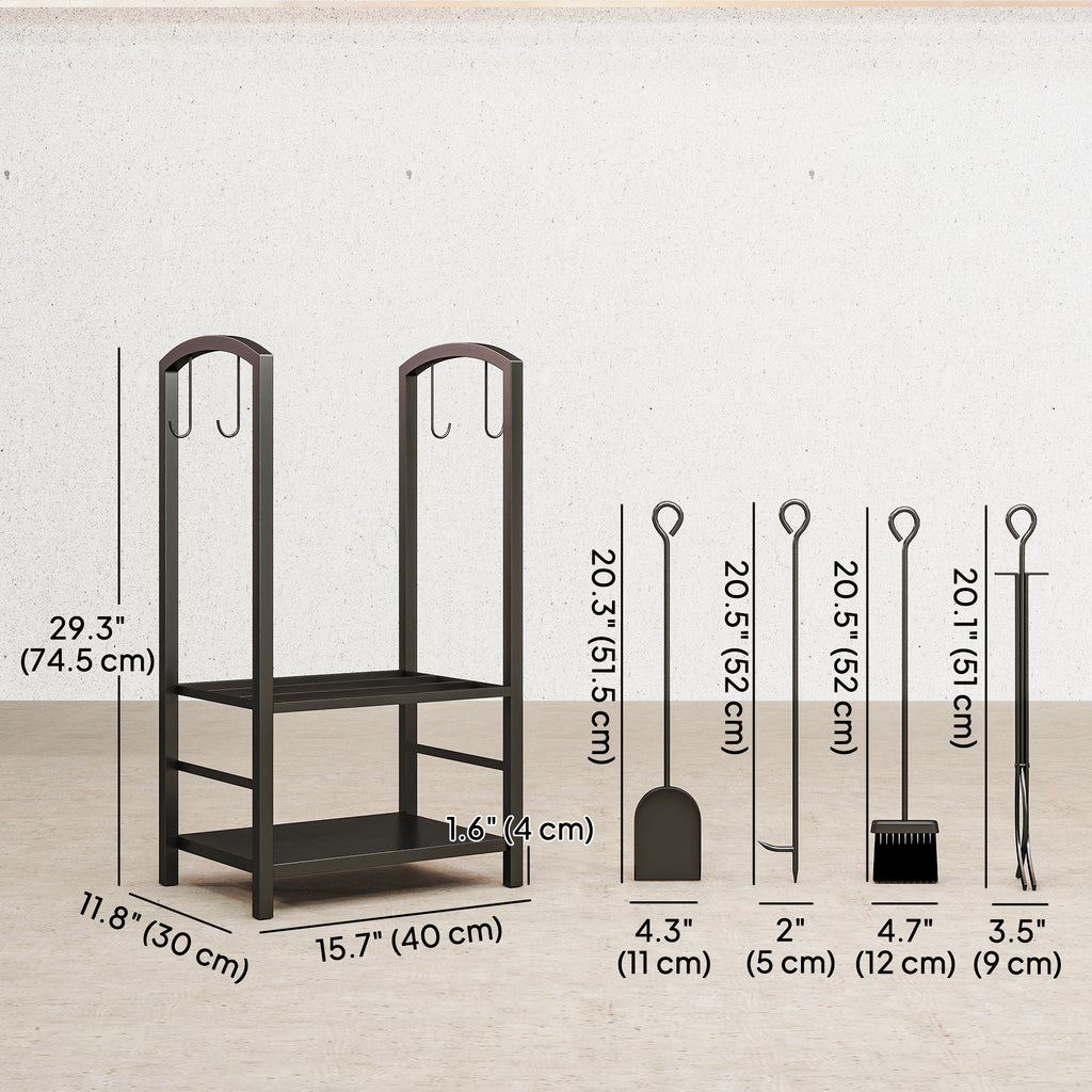 حامل حطب بمدخنة من طبقتين مع 4 أدوات، رف تخزين حطب للمدفأة مع مجرفة، مكنسة، بوكر، ملقط وخطافات، أسود