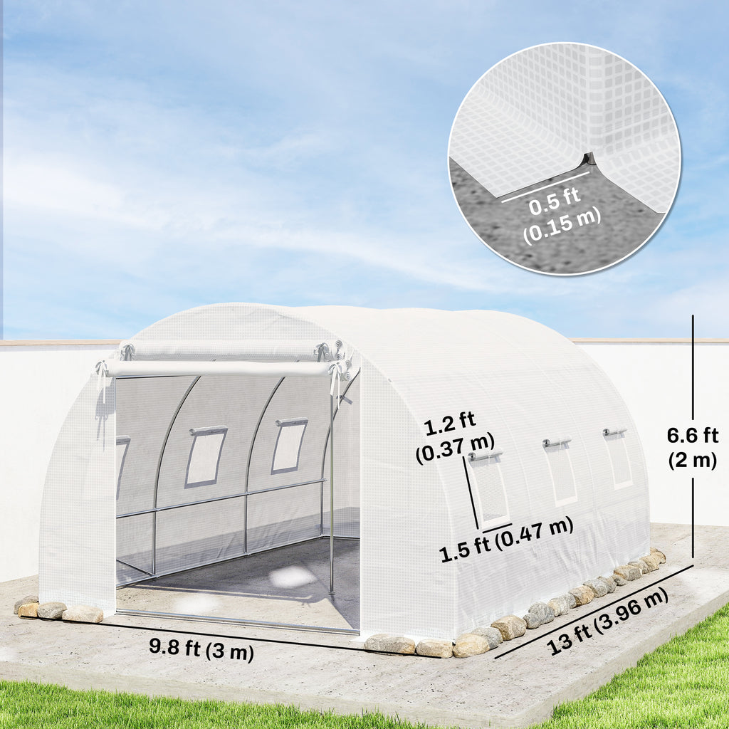 Walk-in Tunnel Greenhouse, Plant Hot House w/ Support Rods, Roll-up Mesh Door, Mesh Windows, 13'x9.8'x6.6', Green