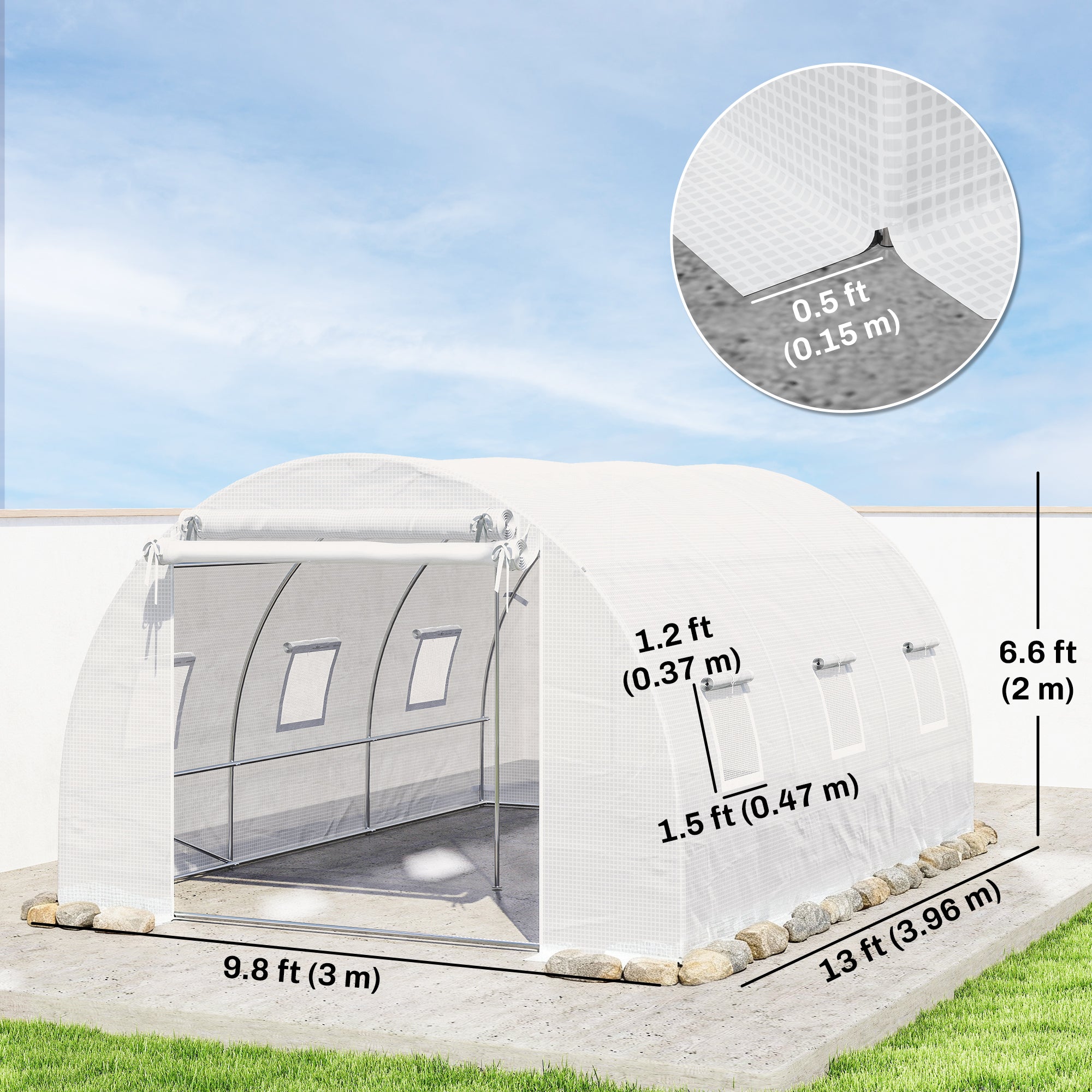 Walk-in Tunnel Greenhouse, Plant Hot House w/ Support Rods, Roll-up Mesh Door, Mesh Windows, 13'x9.8'x6.6', Green