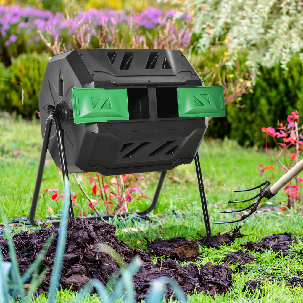 Tumbling Compost Bin Outdoor Dual Chamber 360° Rotating Composter 43 Gallon w/ Sliding Doors & Solid Steel Frame, Green