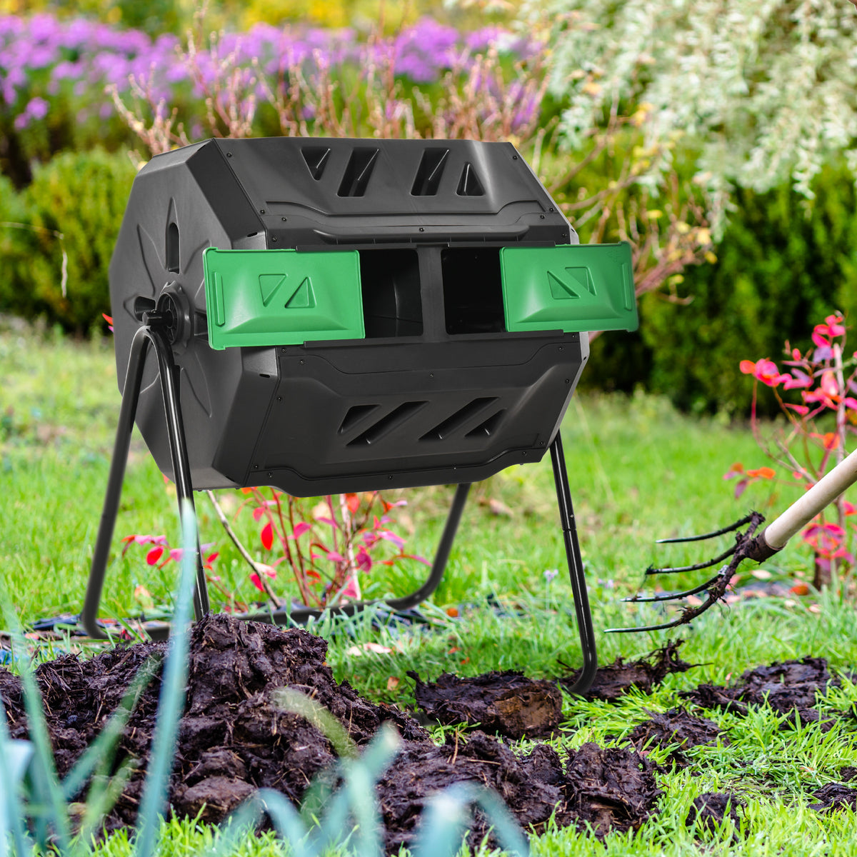 Tumbling Compost Bin Outdoor Dual Chamber 360° Rotating Composter 43 Gallon w/ Sliding Doors & Solid Steel Frame, Green