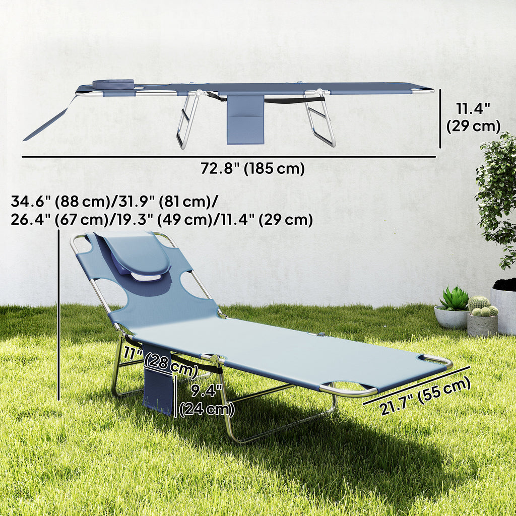 Folding Outdoor Lounge Chair, 5-Level Tanning Chair with Face Hole, Side Pocket, Carry Strap for Beach Pool, Grey