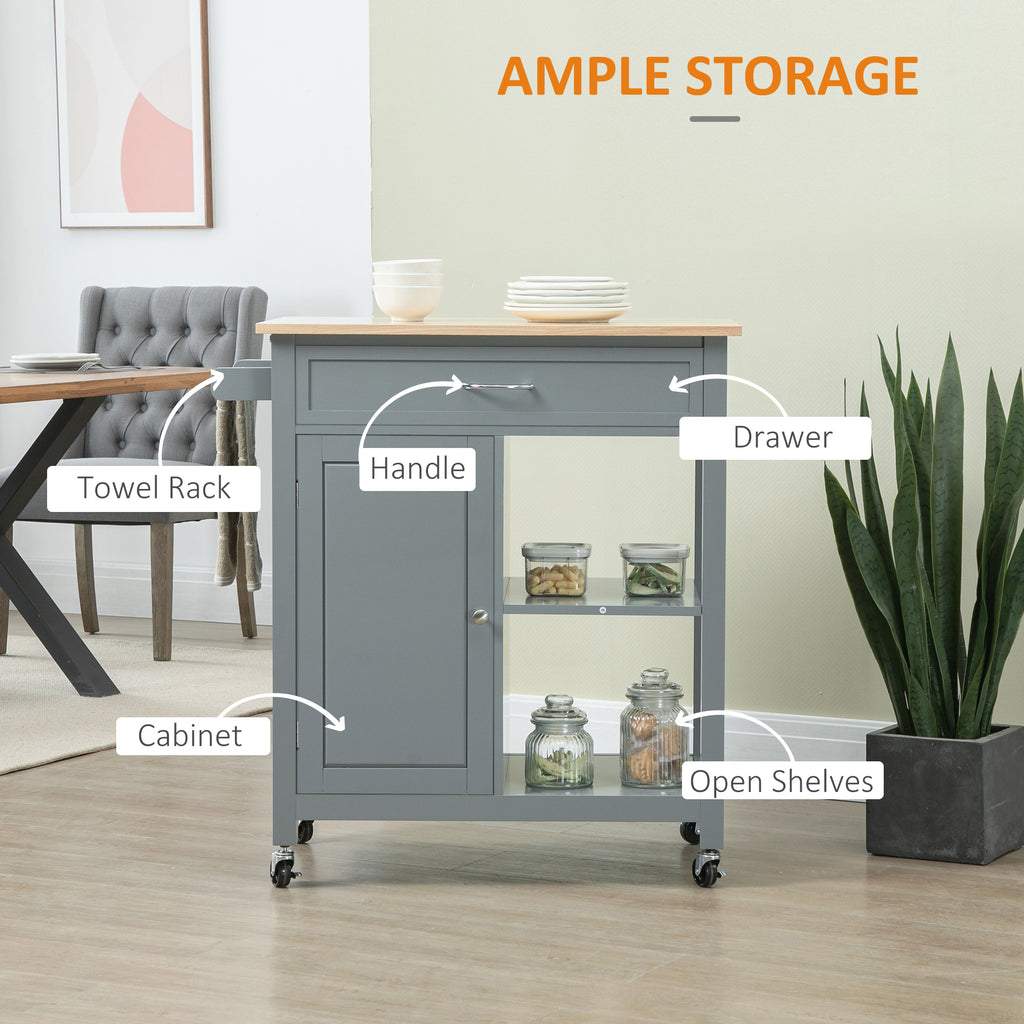 Rolling Kitchen Cart with Wood Top and Drawer, Kitchen Island on Wheels for Dining Room, Grey
