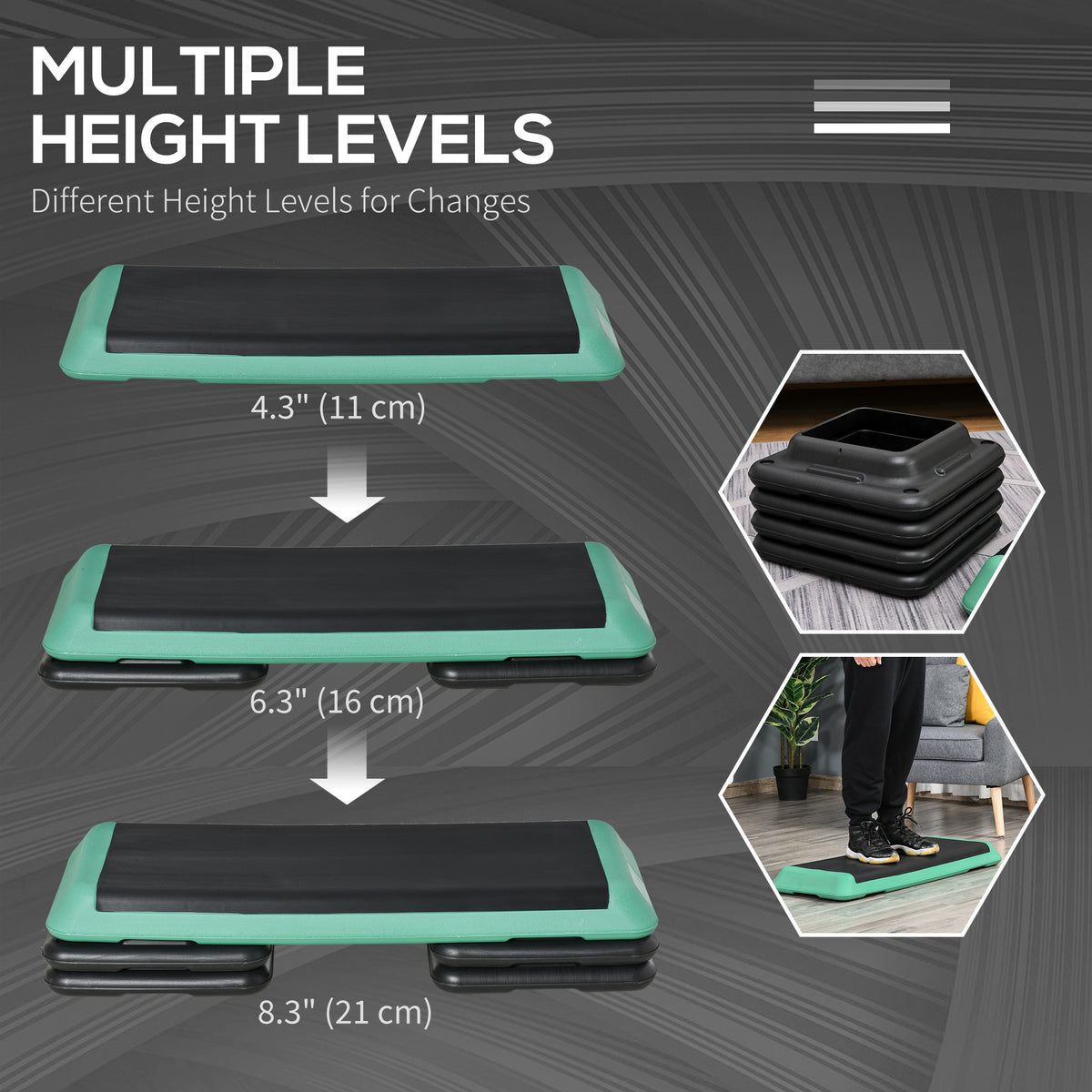 Soozier 43" Adjustable Aerobic Platform Stepper 3 Level with Risers 4” 6” 8” Cardio Fitness Trainer Workout Step Home Gym Exercise, Black Green