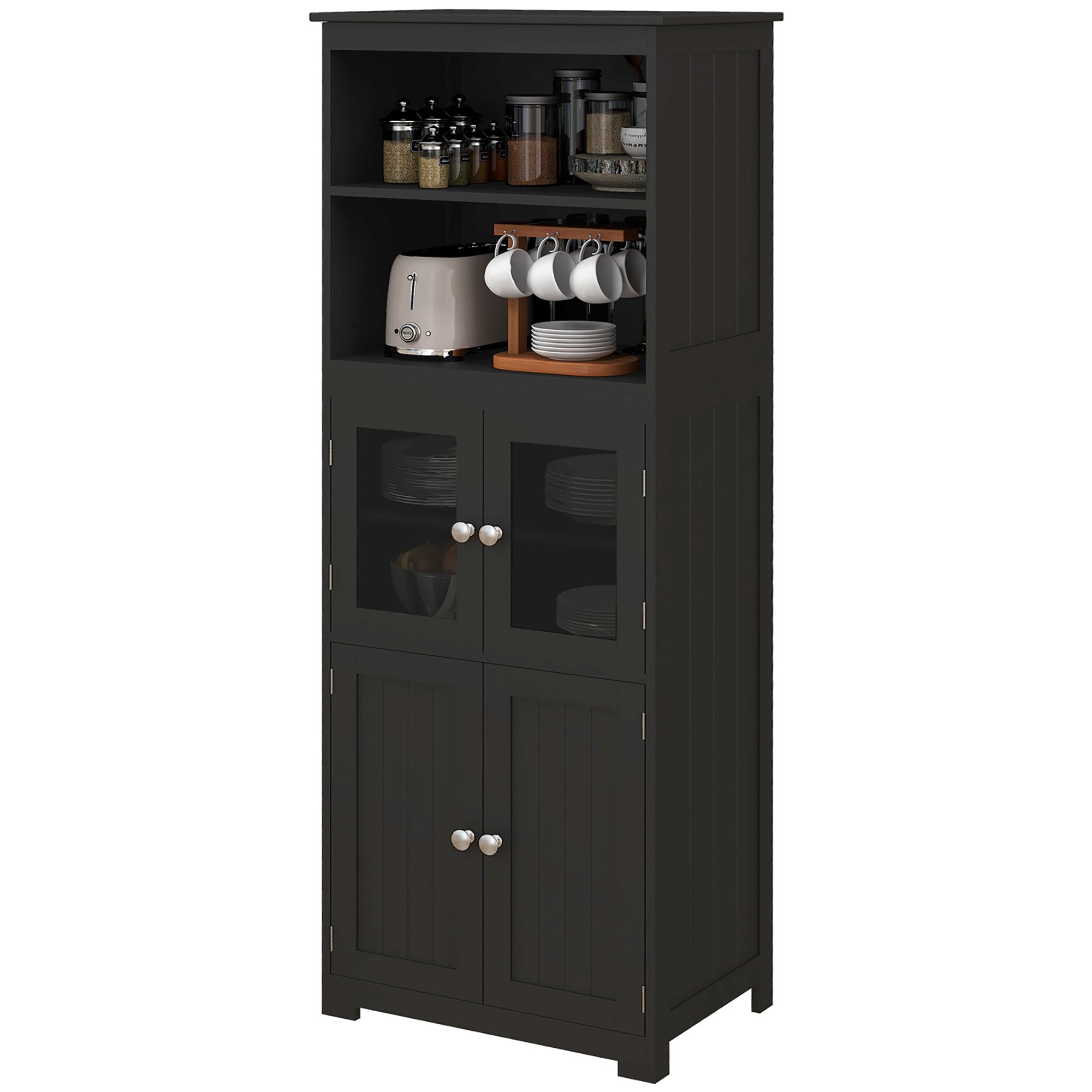 63" Small Buffet with Hutch, 4-Door Kitchen Pantry Storage Cabinet with Adjustable Shelf for Dining Room, Black