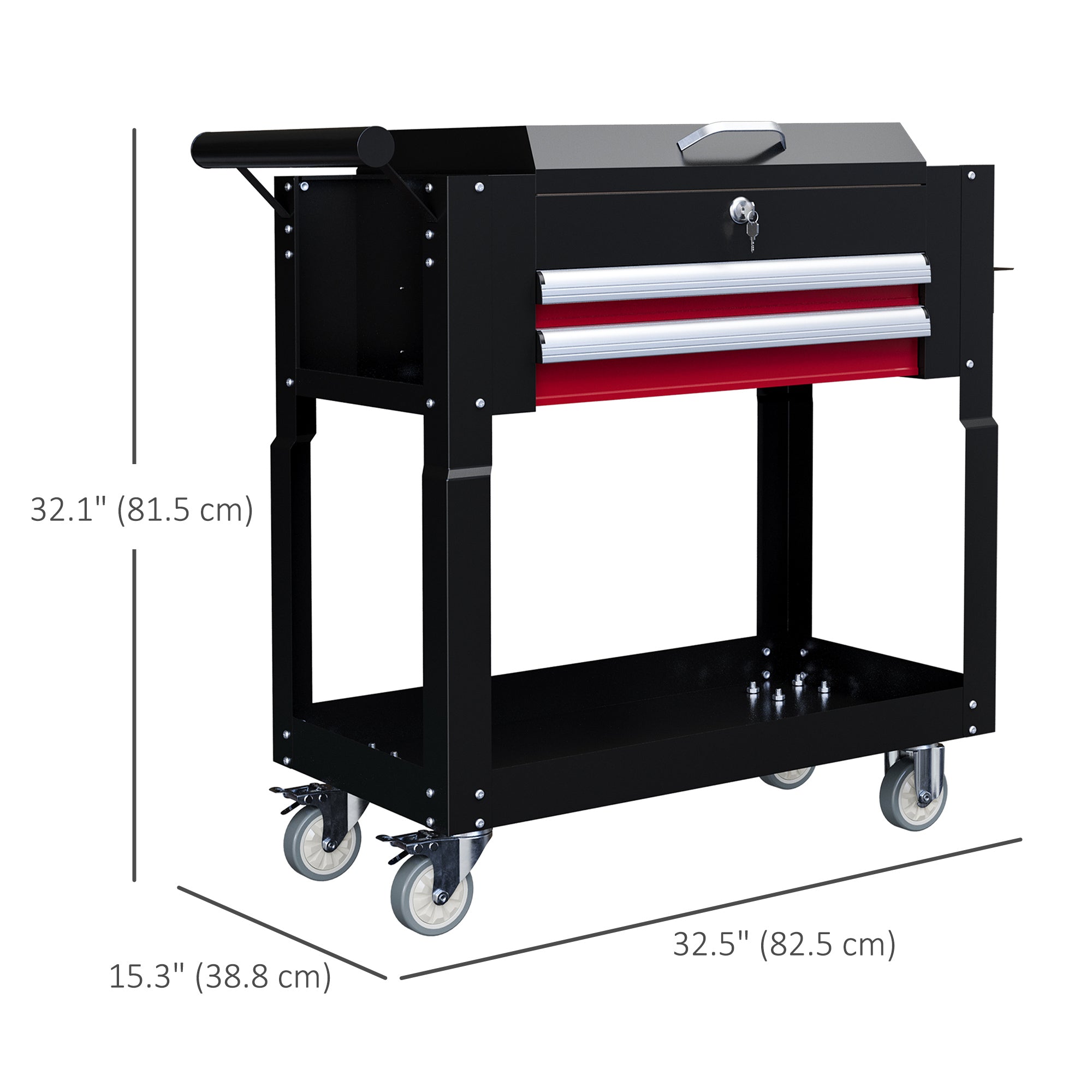 Tool Cart on Wheels Service Cart with 2 Drawers Tray Lockable Flip Top Storage for Garage Warehouse Workshop Black