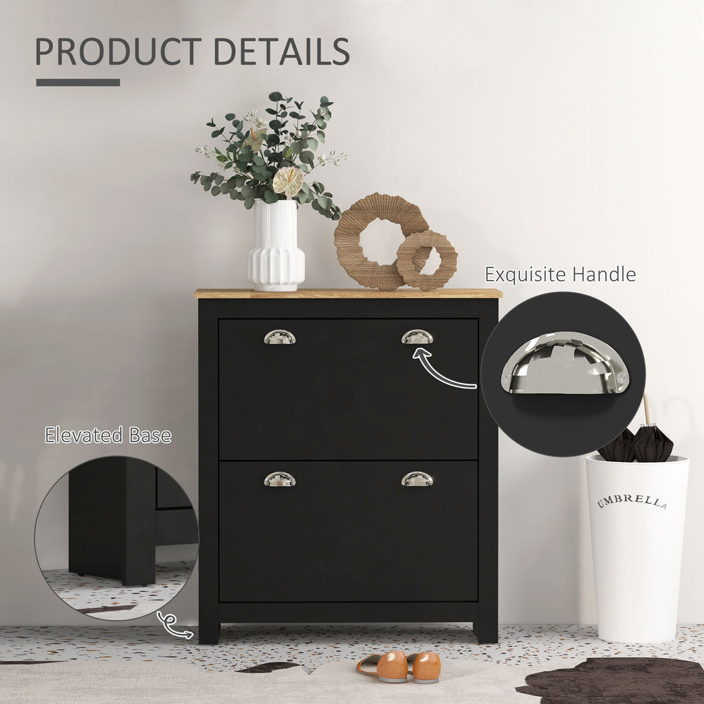 Small Shoe Cabinet with 2 Flip Drawers and Adjustable Shelves, 12 Pair Shoe Storage Organizer for Hallway, Black