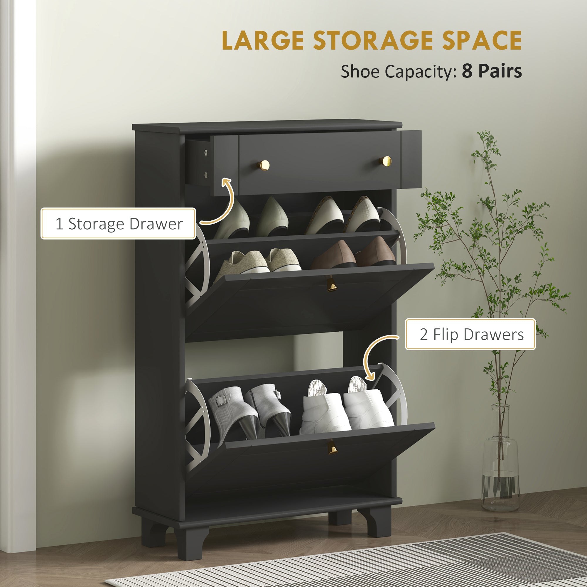 Slim Shoe Storage with 2 Flip Drawers and Adjustable Shelves Shoe Cabinet Organizer for 8 Pair,  White
