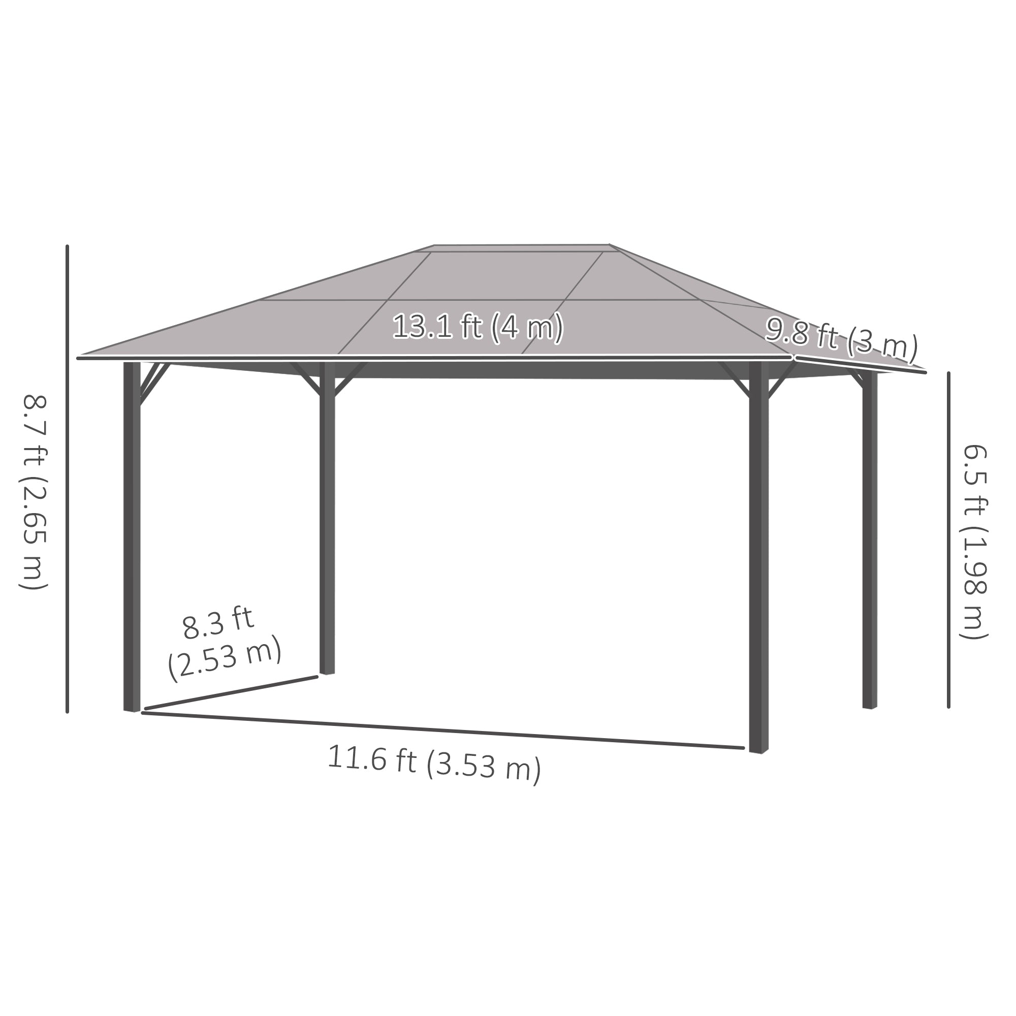 10' x 13' ሃርድቶፕ ጋዜቦ ኣሉሚኒየም ፍሬም ዝተገብረ ማርኪ ፓርቲ ተንት መጽለሊ ምስ መሽ ከርተንን ጎኒ መንደቕን - ግራጫ