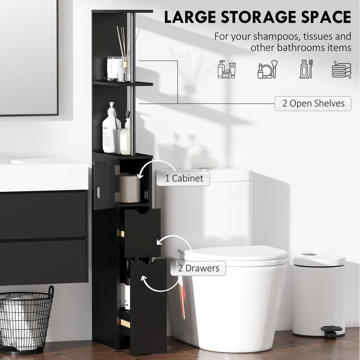 Tall Bathroom Storage Cabinet, Narrow Bathroom Cabinet with Drawers and Open Shelves for Small Spaces, Brown