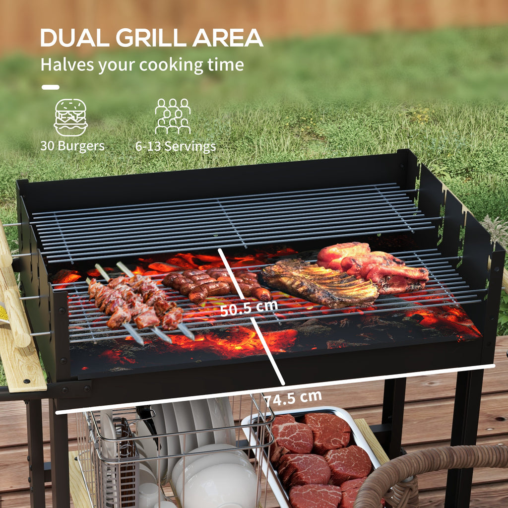 Charcoal Grill,Barbecue Trolley with Double Adjustable Grill, Side Table, Storage Shelf and Wheels, Black