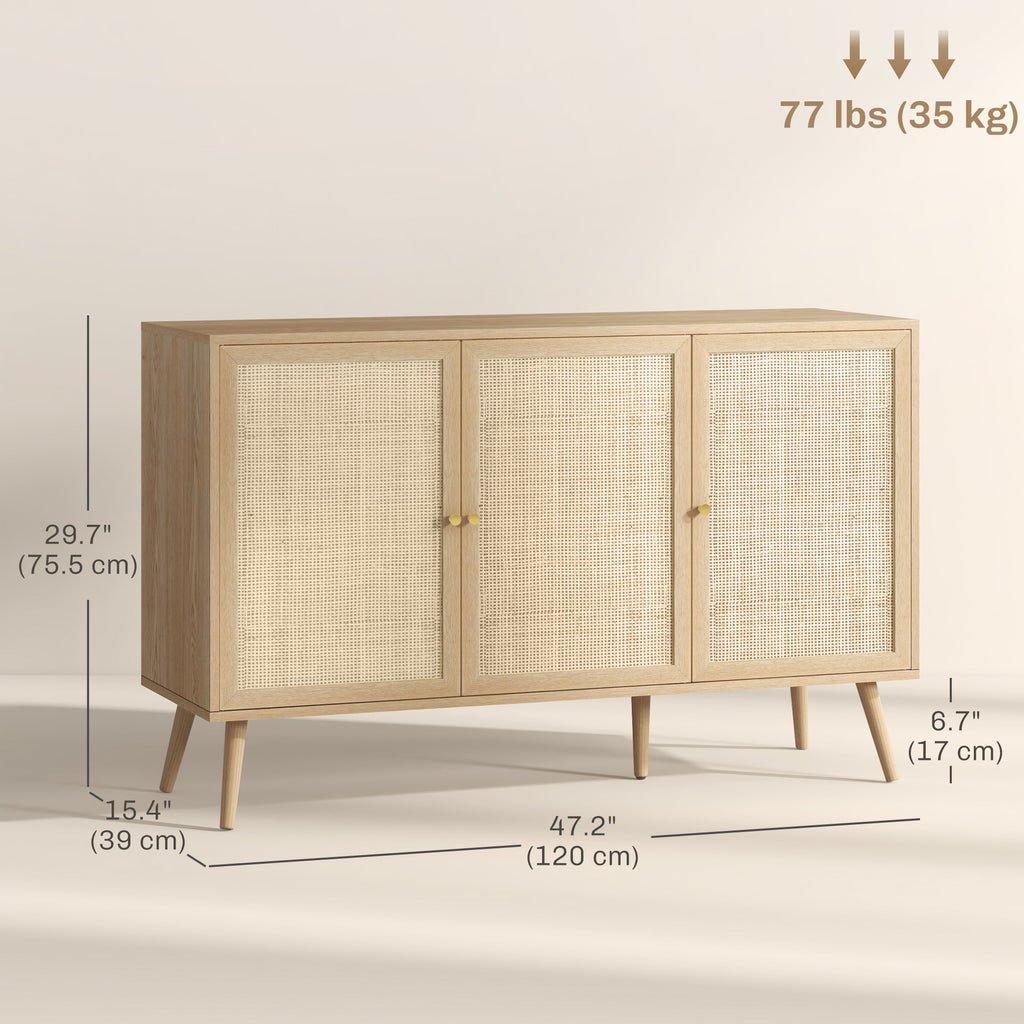 Kitchen Sideboard Cabinet, Boho Storage Cabinet with Shelves, Wood Legs, Decorative Rattan Doors, Natural