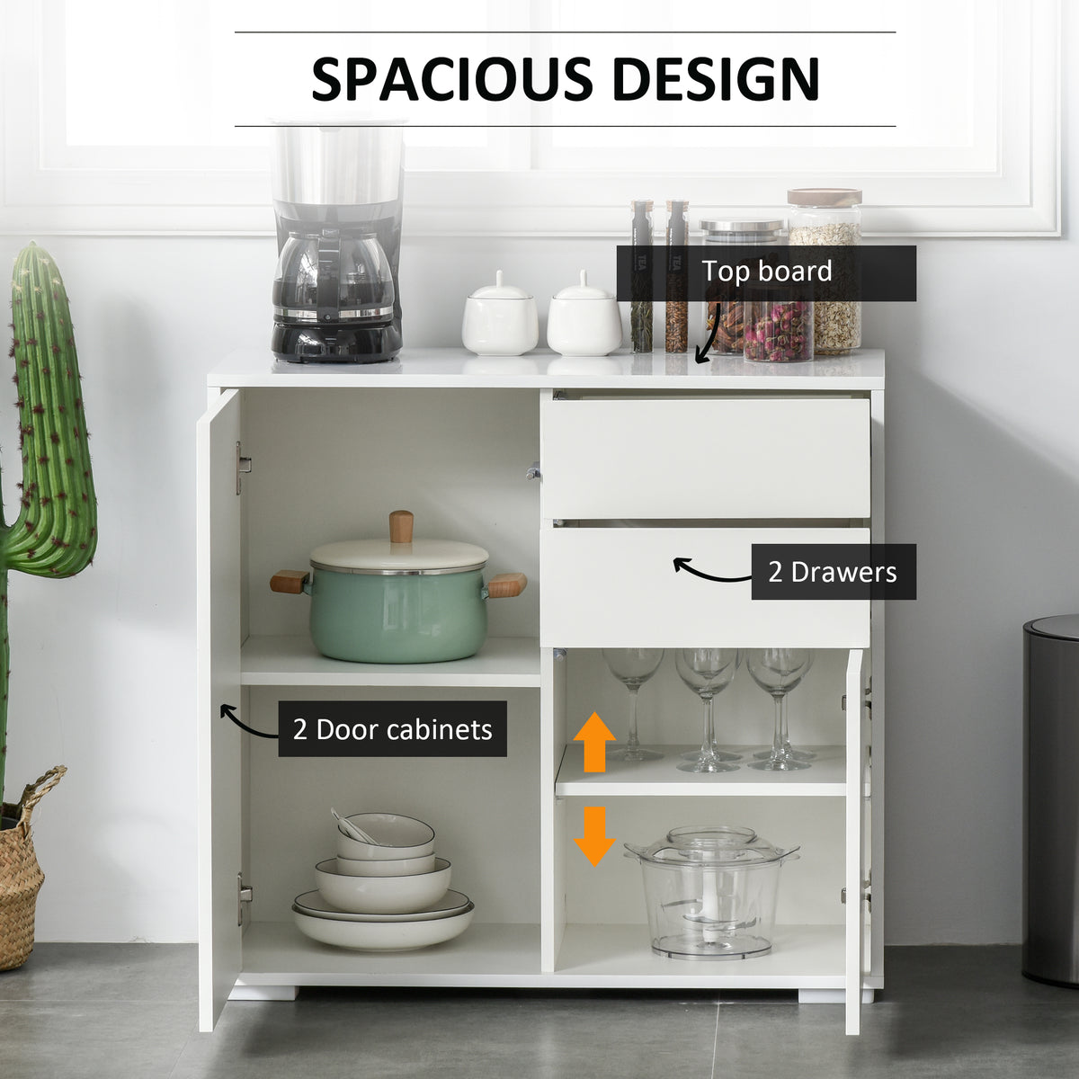 High Gloss Buffet Sideboard with 2 Drawers, 2 Doors and Adjustable Shelf, Kitchen Storage Cabinet with Push Open Design, White