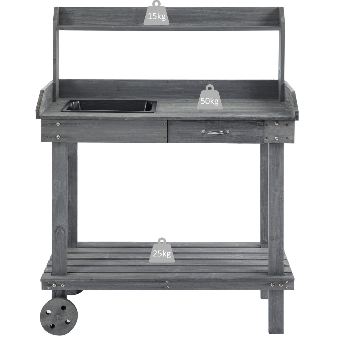 36" Wooden Potting Bench Work Table with 2 Removable Wheels, Sink, Drawer & Large Storage Spaces, Gray