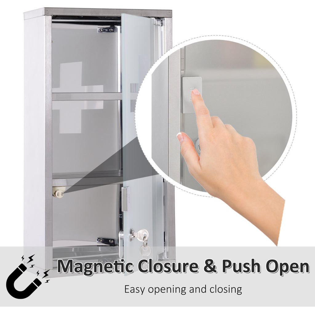 Wall Mount Medicine Cabinet Bathroom Cabinet with 2 Shelves, Stainless Steel Frame and Glass Door, Lockable with 2 Keys